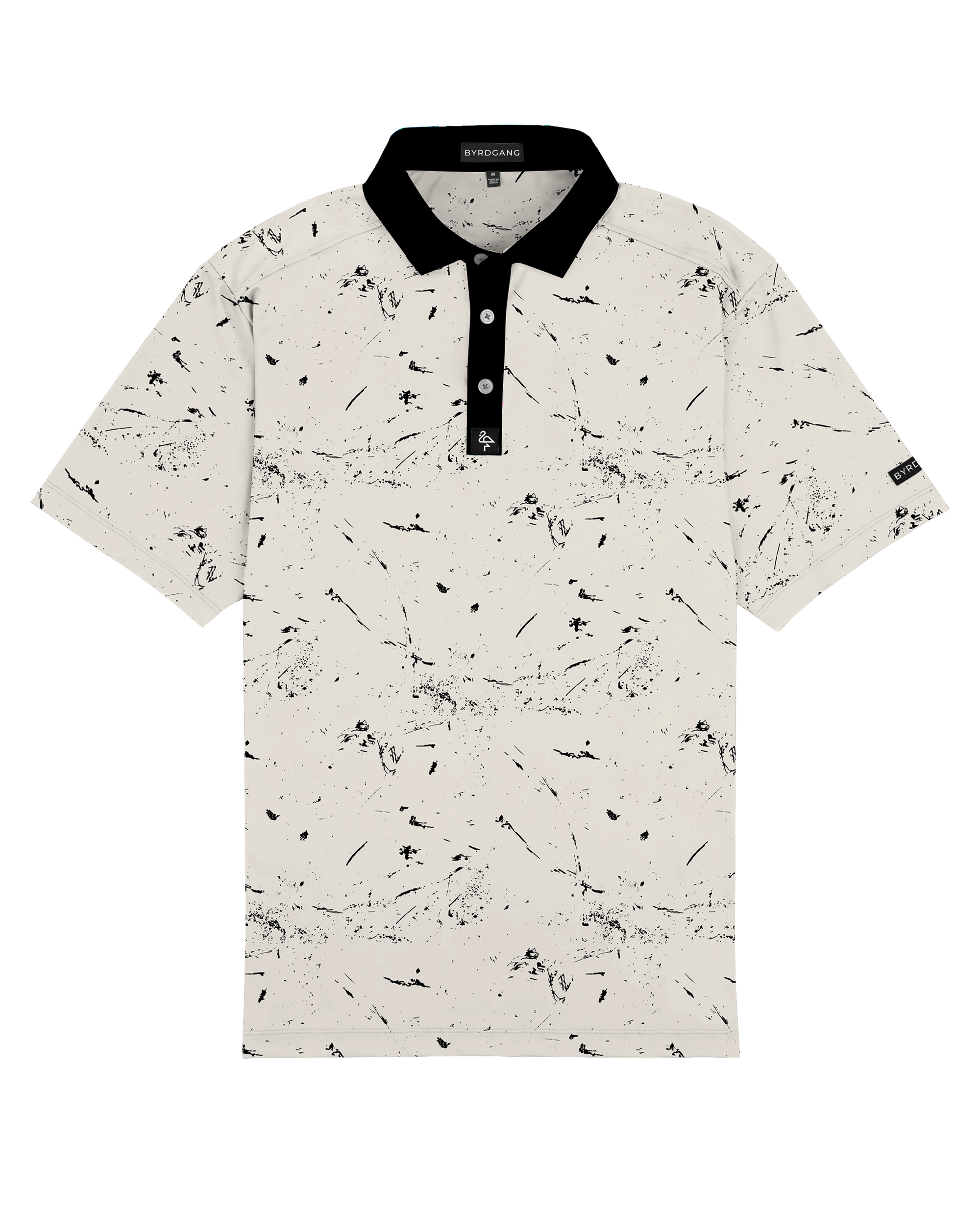 Men’s cream polo with subtle drip-splatter texture and contrast black collar—classic and breathable performance fit.
