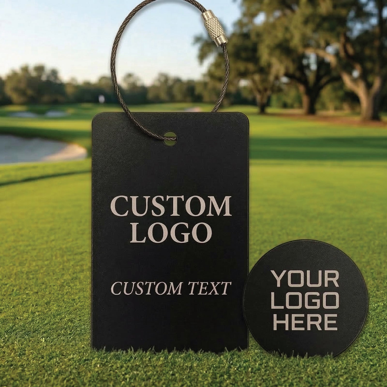 Black rectangular bag tag and circular ball marker displayed on golf course grass, both engraved with sample logo and text placements