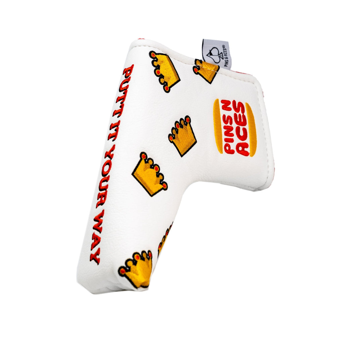 White golf putter cover with burger and crown design and “Putt It Your Way” text