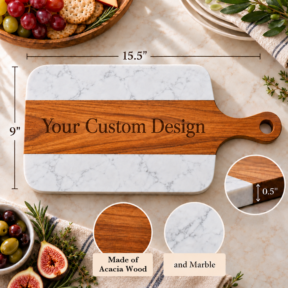 Dimension guide for the custom logo clubhouse board: 15.5 inches long, 9 inches wide and 0.5 inches thick, made of acacia wood and white marble.