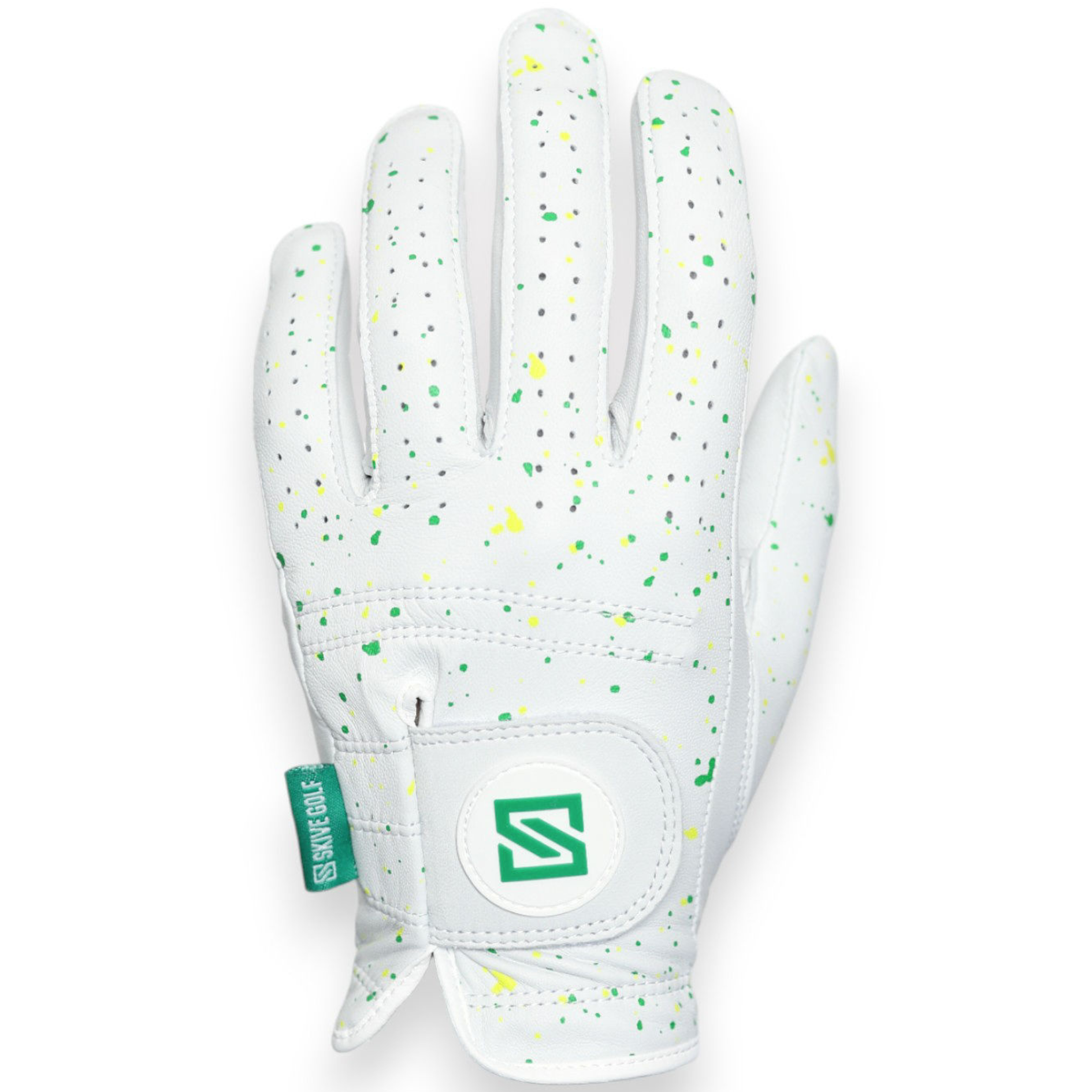 fun golf glove collection with red and blue spatter