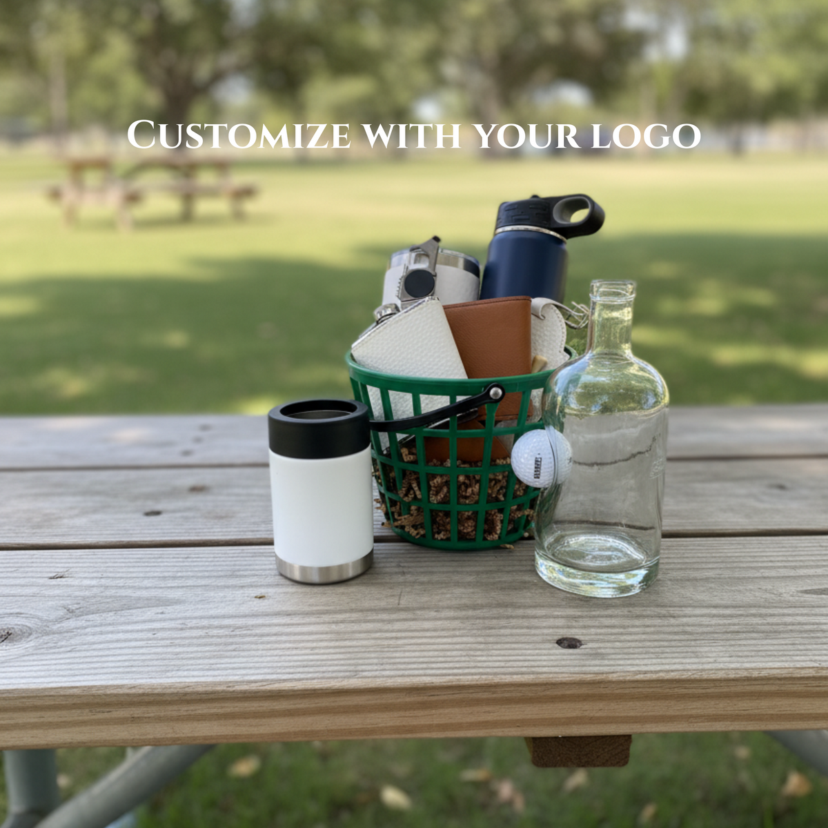Custom tournament golf gift basket with range bucket and branded accessories