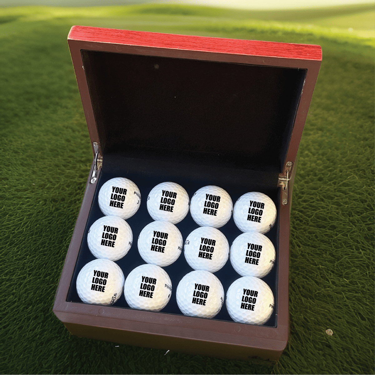 Custom logo golf balls in rosewood box, personalized for tournaments and events