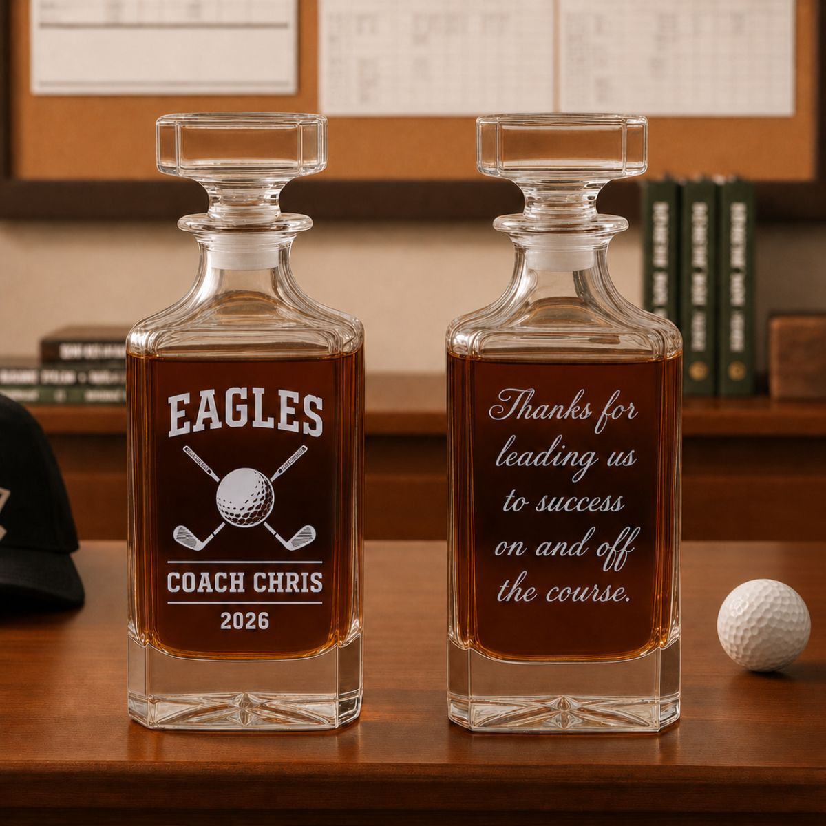 Personalized golf coach decanter engraved with coach name team name and year