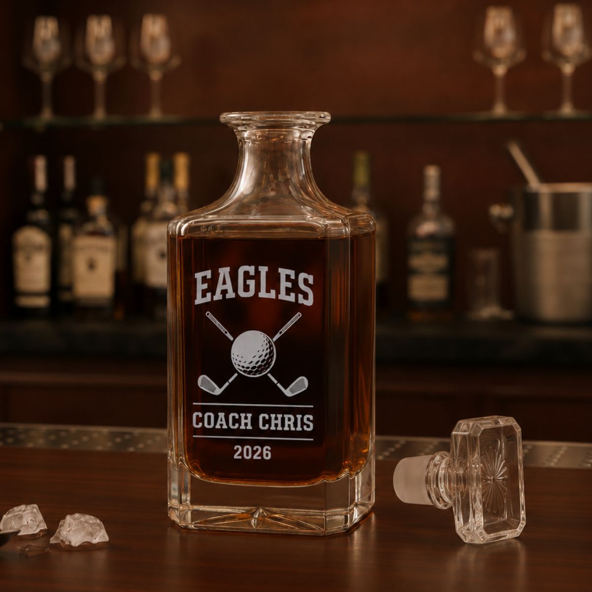 Personalized golf coach decanter engraved with coach name team name and year