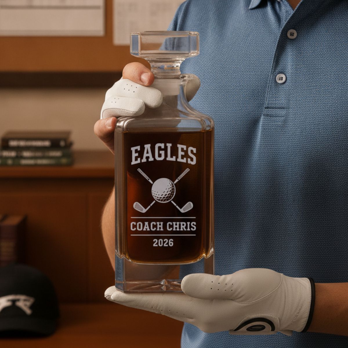 Personalized golf coach decanter engraved with coach name team name and year