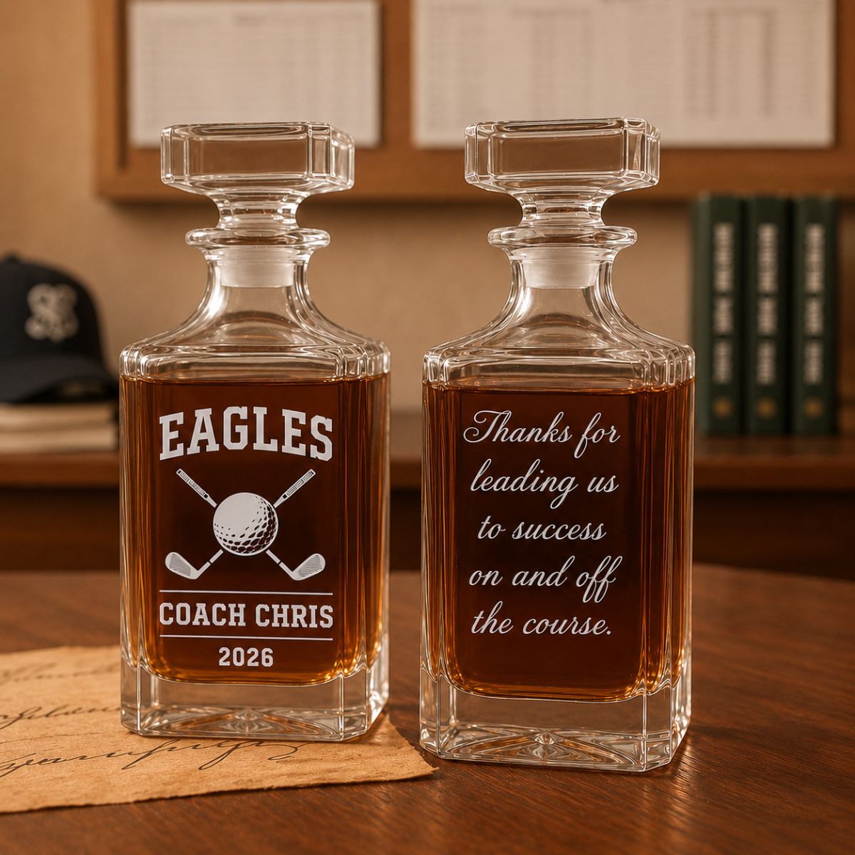 Personalized golf coach decanter engraved with coach name team name and year