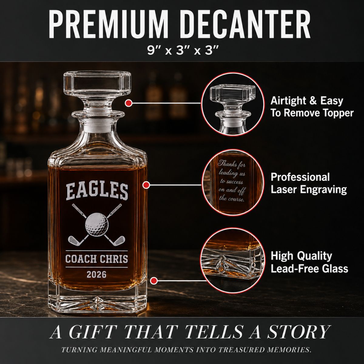 Personalized golf coach decanter engraved with coach name team name and year