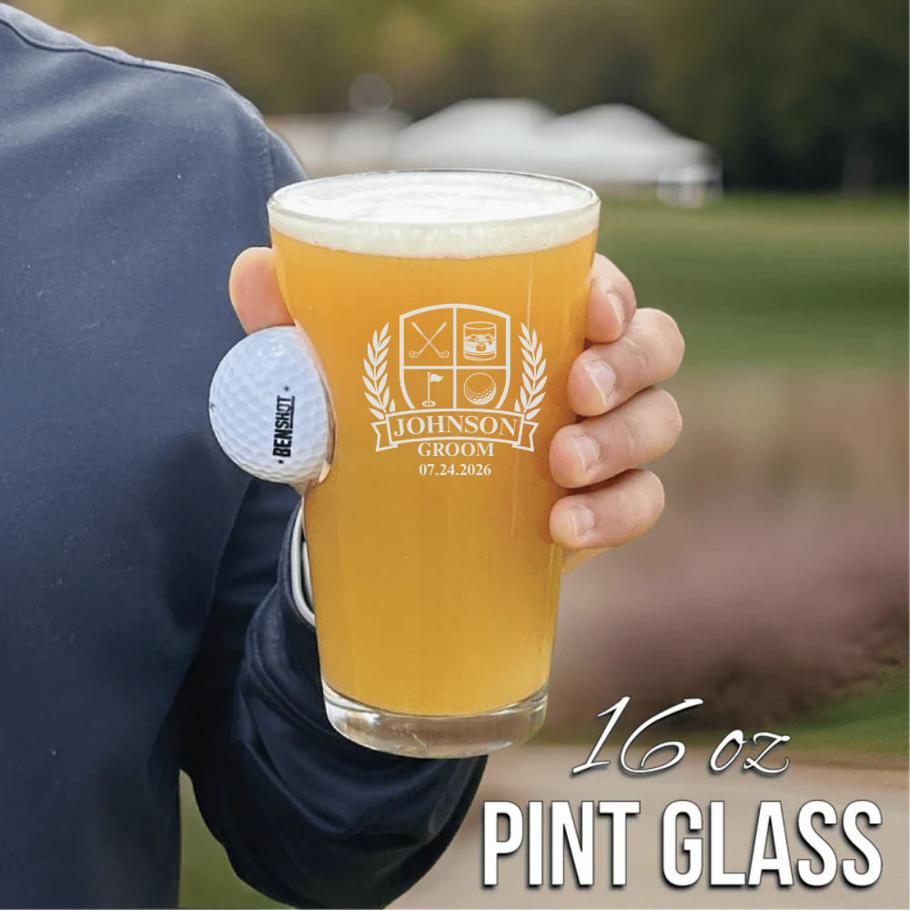 Custom golf ball pint glass with wedding crest and embedded real Titleist golf ball