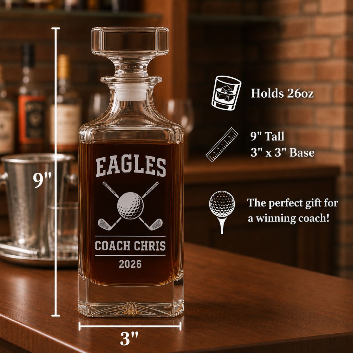 Personalized golf coach decanter engraved with coach name team name and year