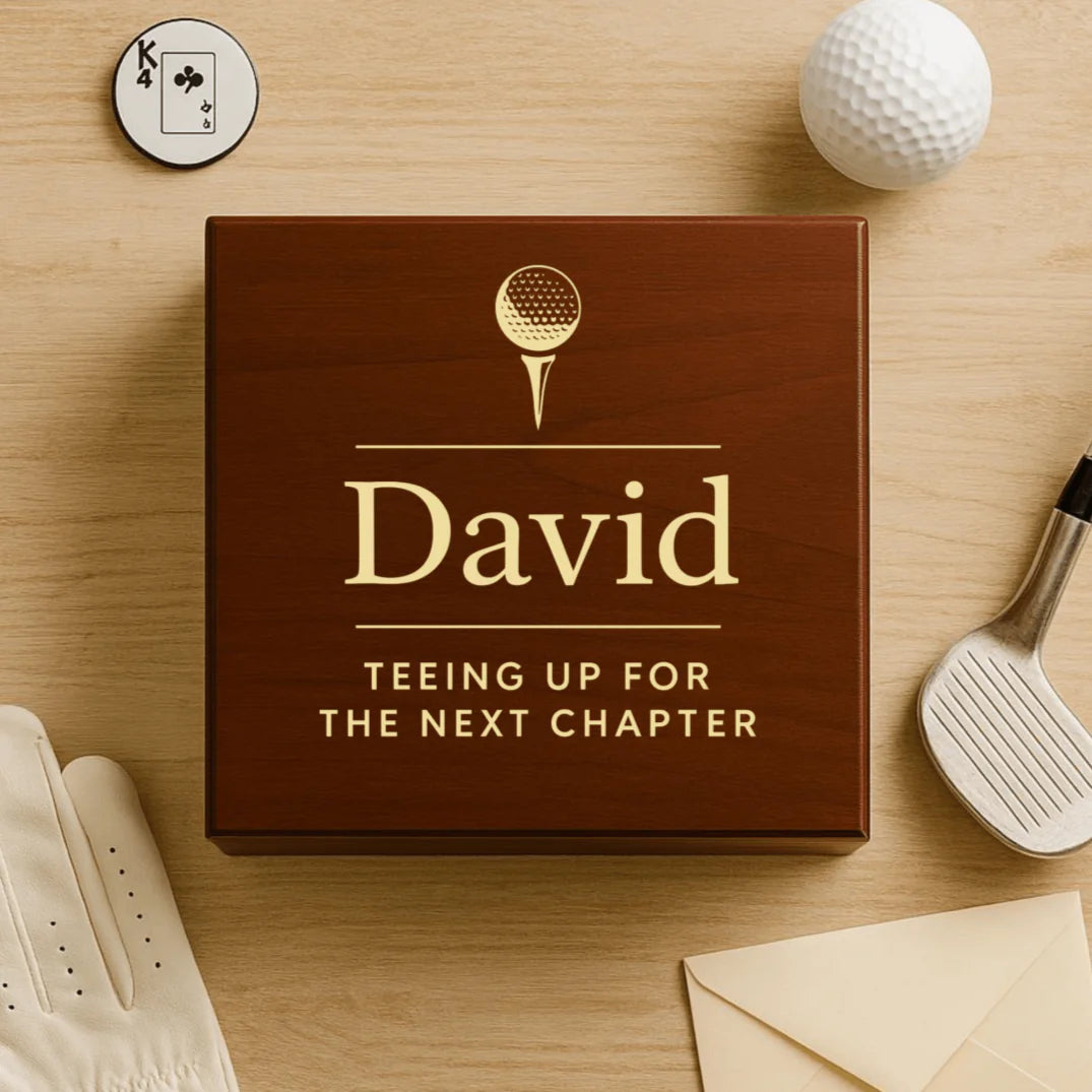 Wooden golf retirement memory box with custom name and engraved message