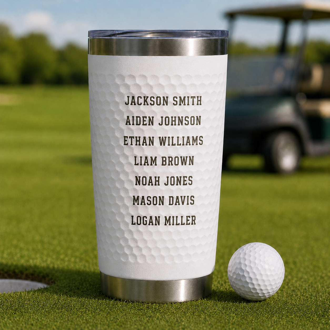 Back of a personalized golf team tumbler engraved with seven player names, Jackson Smith to Logan Miller, a team gift for a golf coach