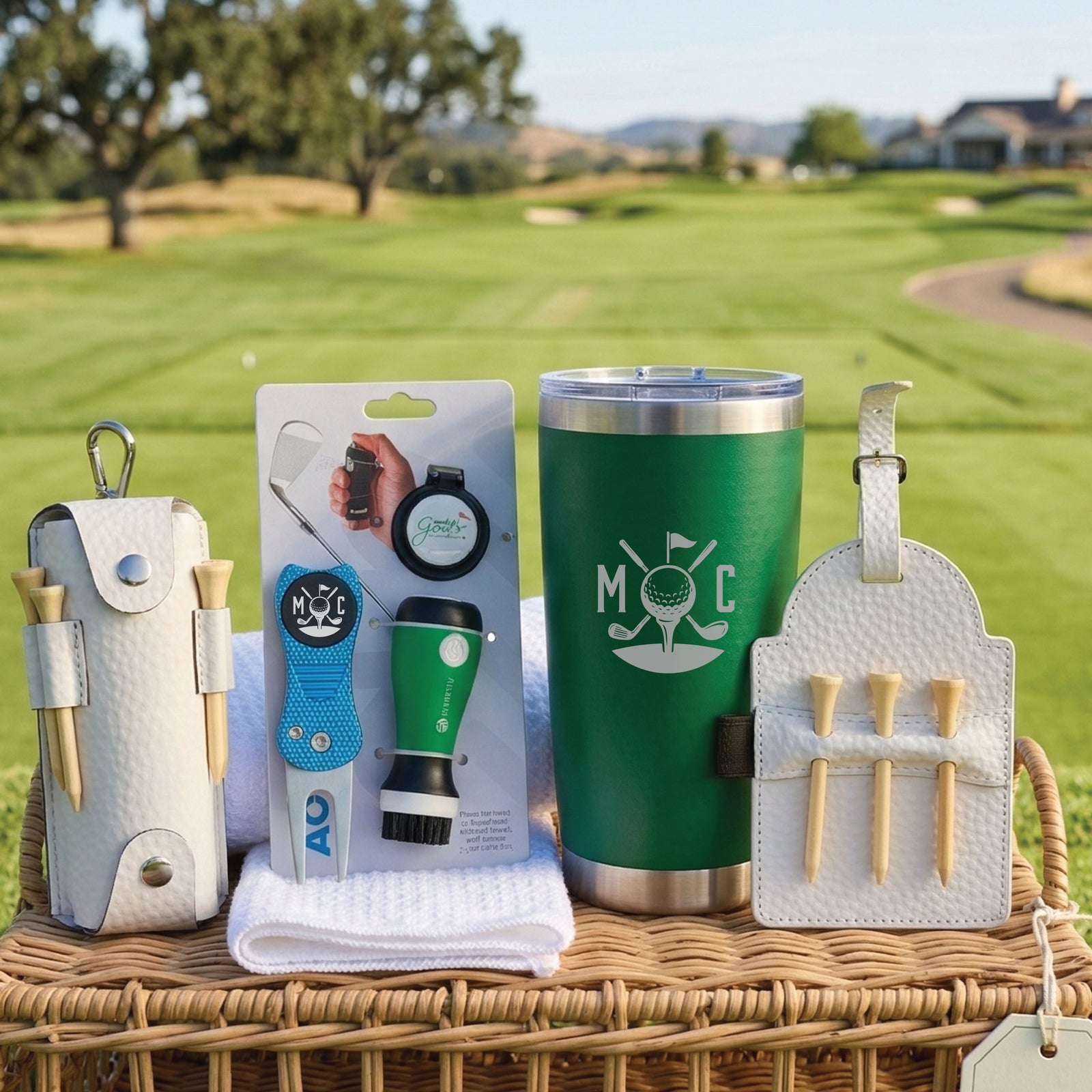 Golf gift basket displayed on wicker surface with green tumbler engraved with sample initials "MOC", white accessories pouch with tees, ball marker, brush, and towel, golf course visible in background