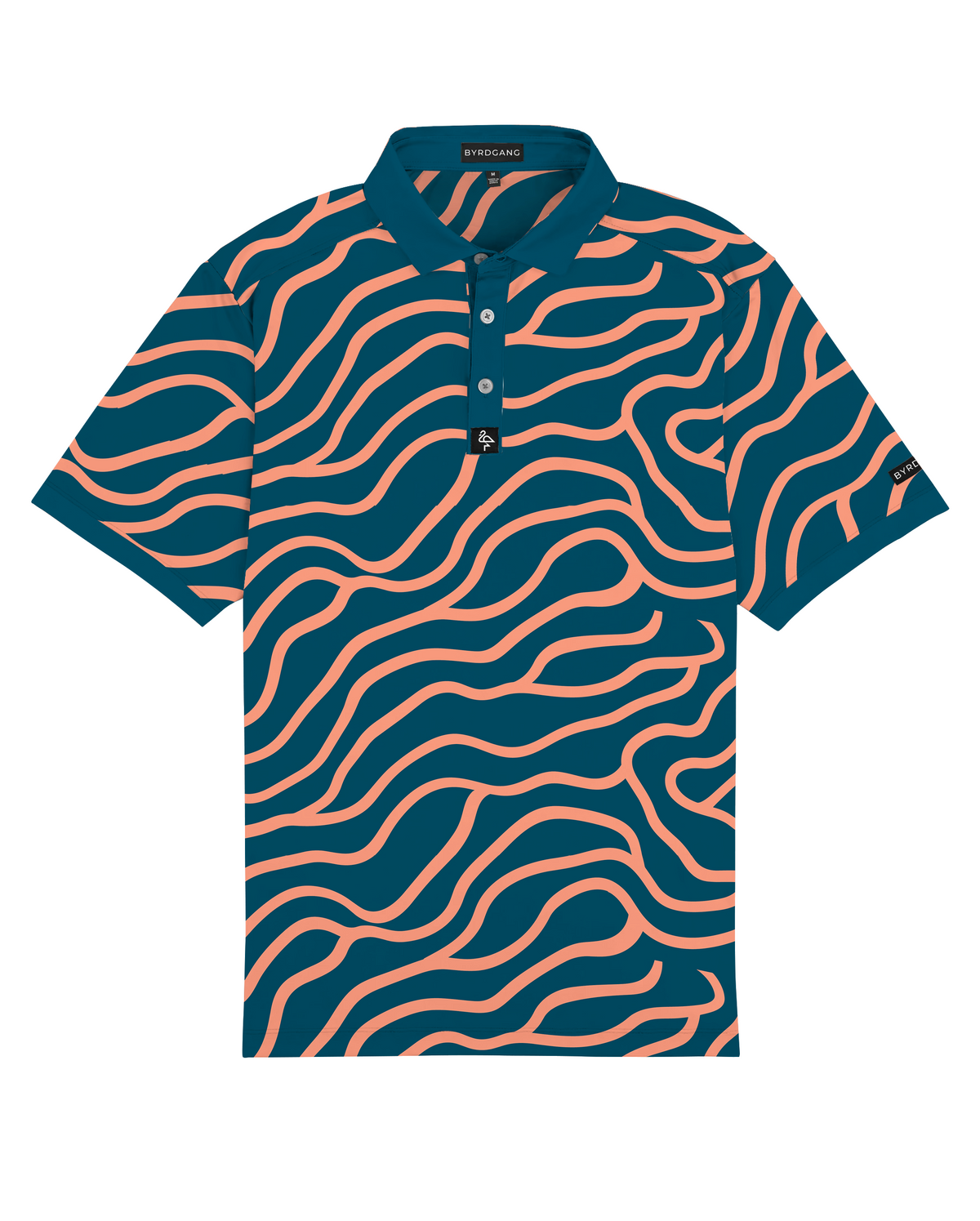 Men’s navy polo with peach wave-pattern print – dynamic, breathable, stretch-performance ready.