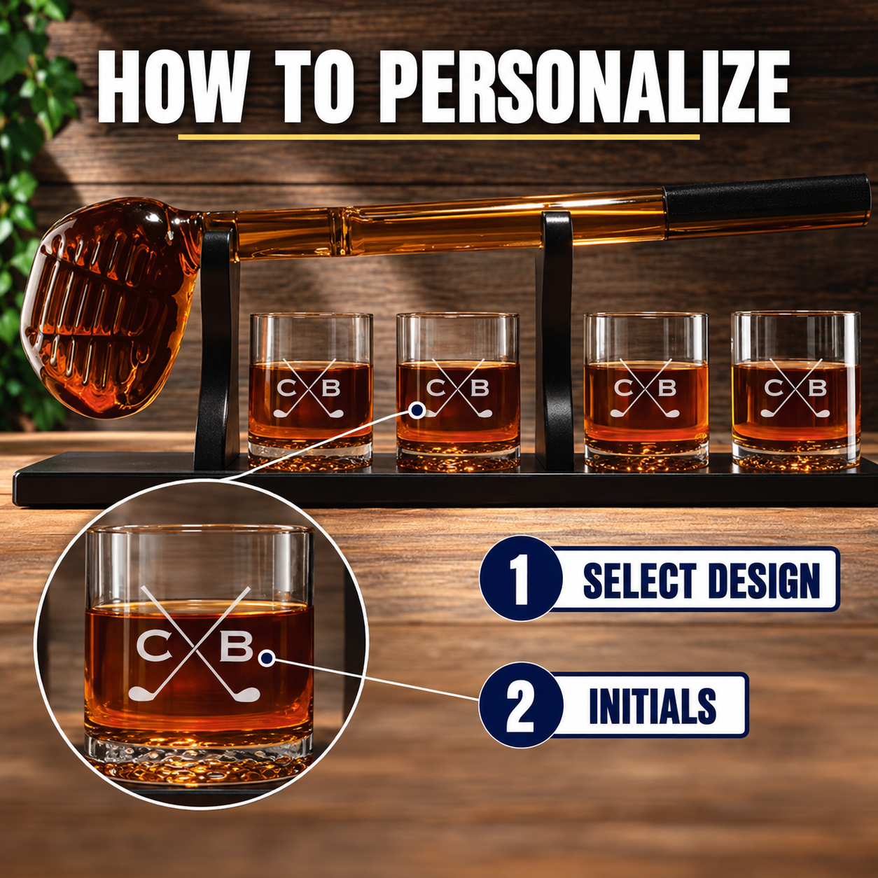 Personalized golf club whiskey decanter set with four rocks glasses showing engraved golf club crossed club initials monogram example, decanter, and guide on wood surface