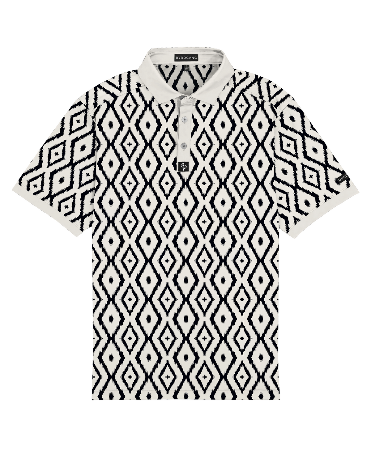 Men’s polo with blue neutral ikat geometric print – cultured, breathable, stretch-performance ready.