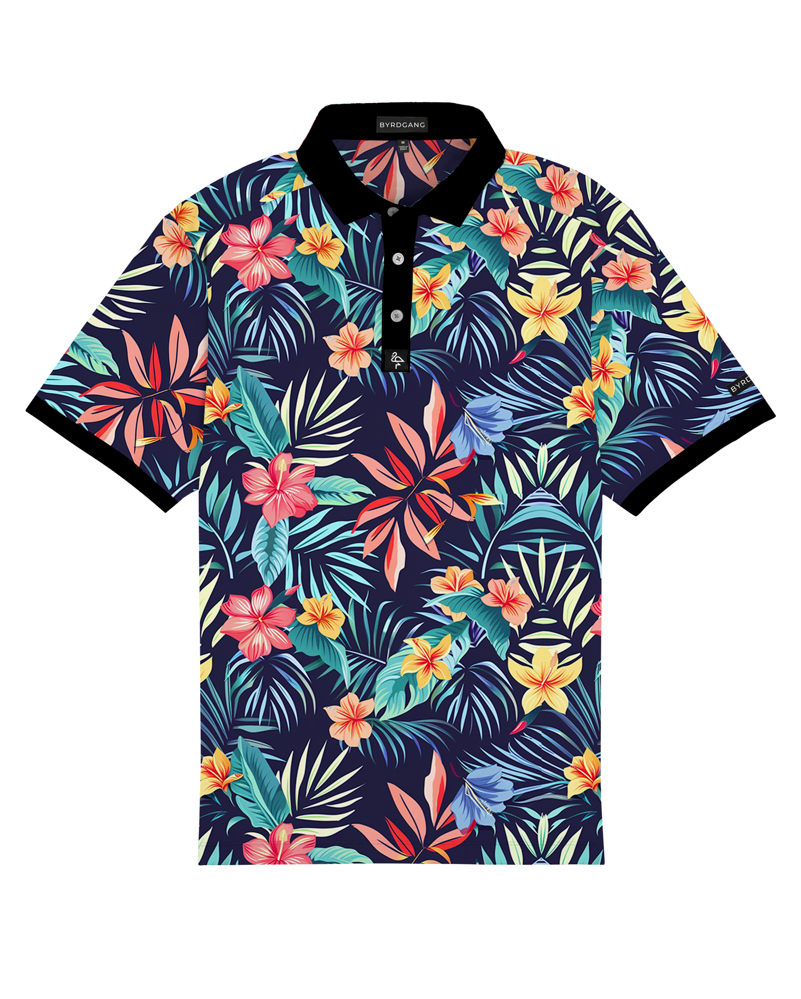 Men’s navy polo with bold coral and teal tropical floral print – vibrant, breathable, performance-ready.
