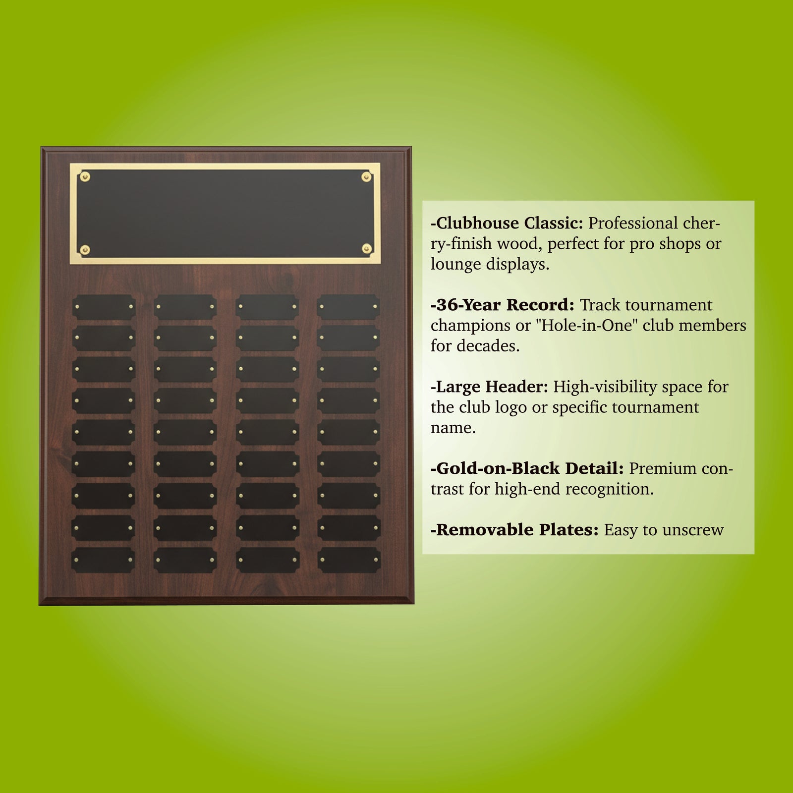 Dark wood perpetual plaque with blank engraved header plate and 36 removable black name plates with gold accents arranged in six rows of four