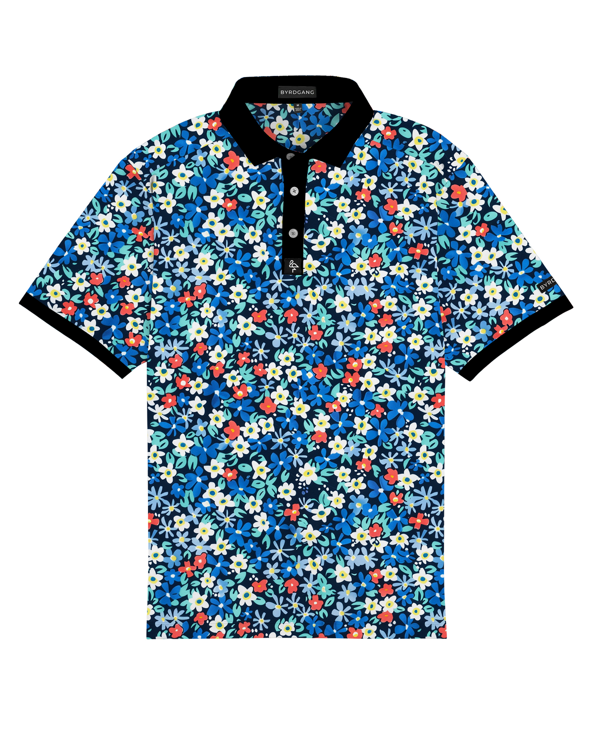 Men’s white polo with delicate pastel flower print – subtle floral detail, breathable, stretch-performance shirt.