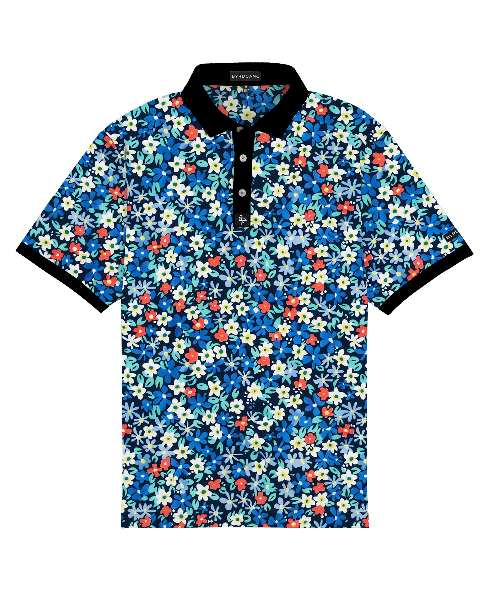 Men’s white polo with delicate pastel flower print – subtle floral detail, breathable, stretch-performance shirt.