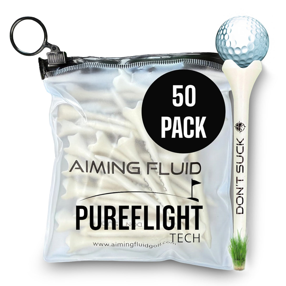 50 pack Don’t Suck PureFlight 4 prong performance golf tees in reusable pouch