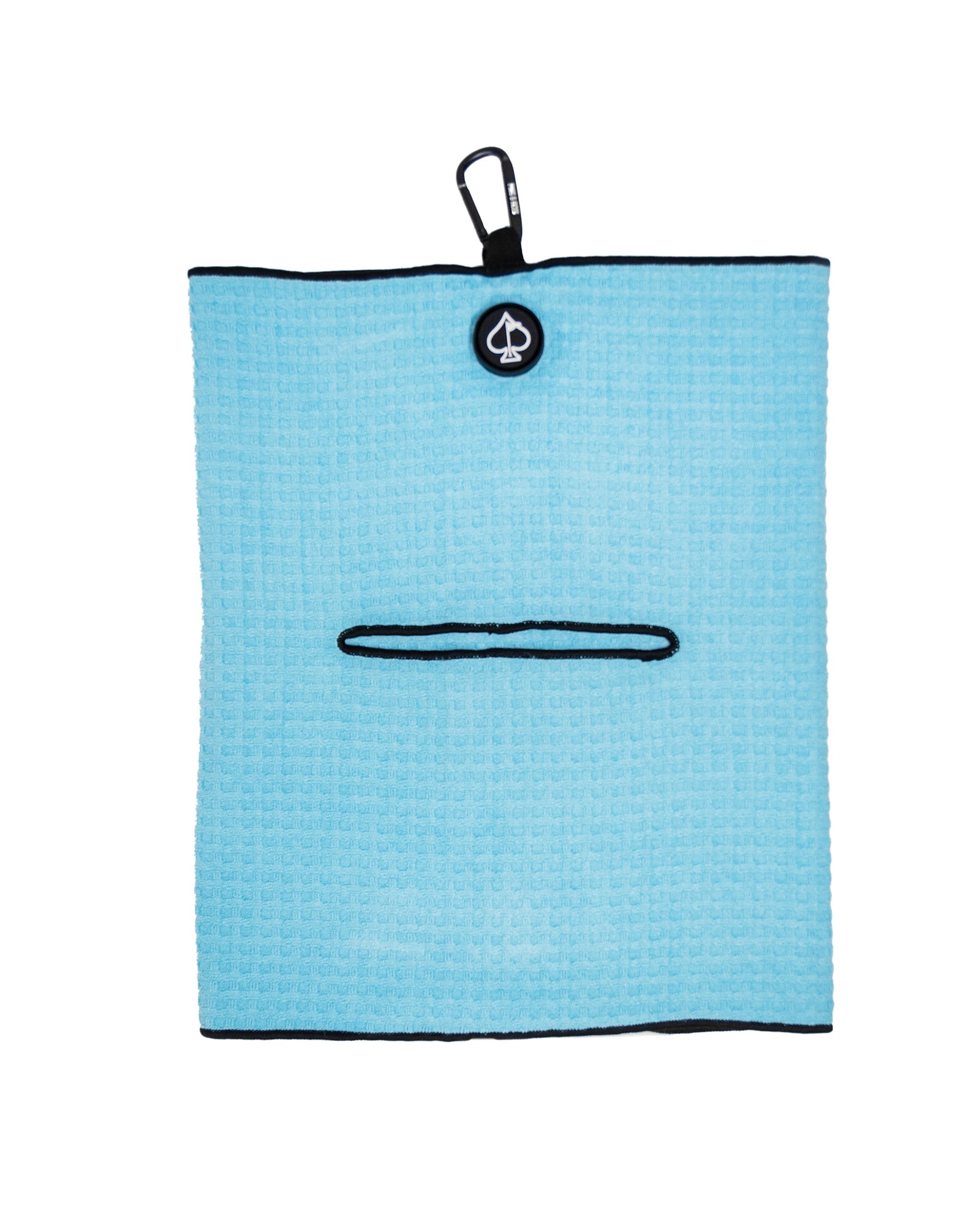 Sky blue waffle-knit golf towel with black trim, magnetic attachment loop at top and mid-towel pocket detail