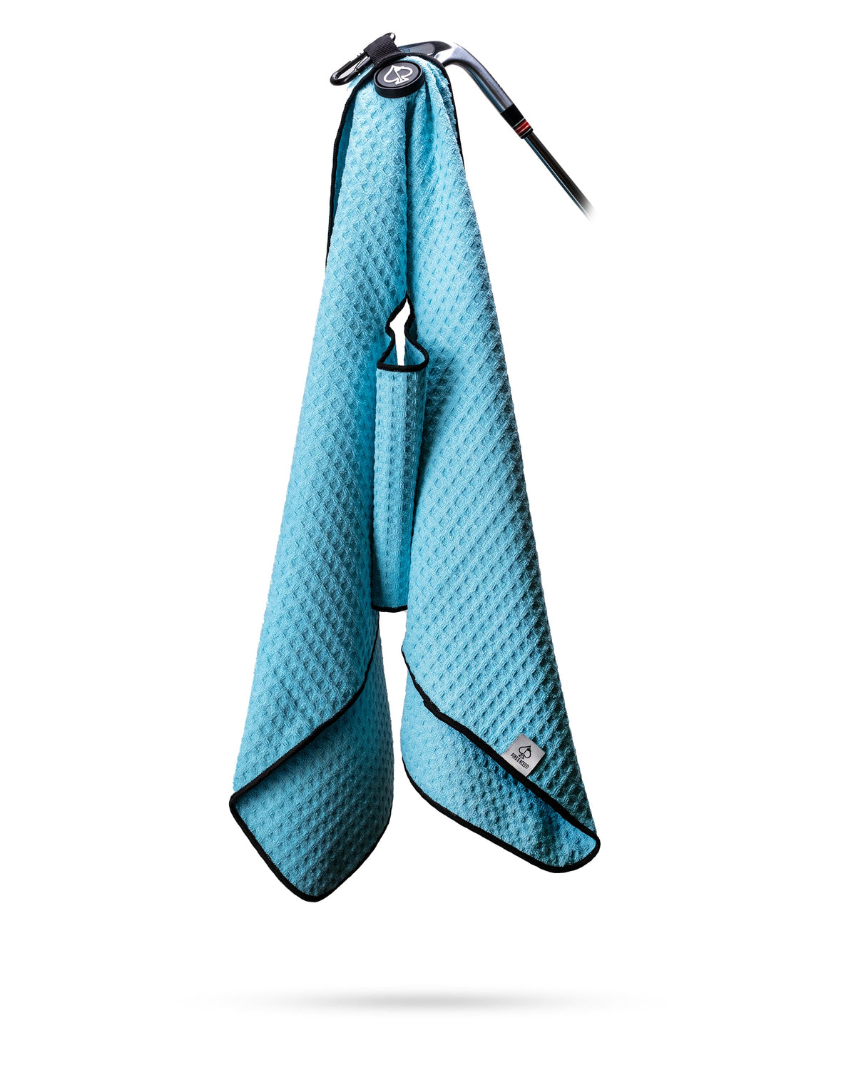 sky blue magnetic golf towel with waffle texture and black trim
