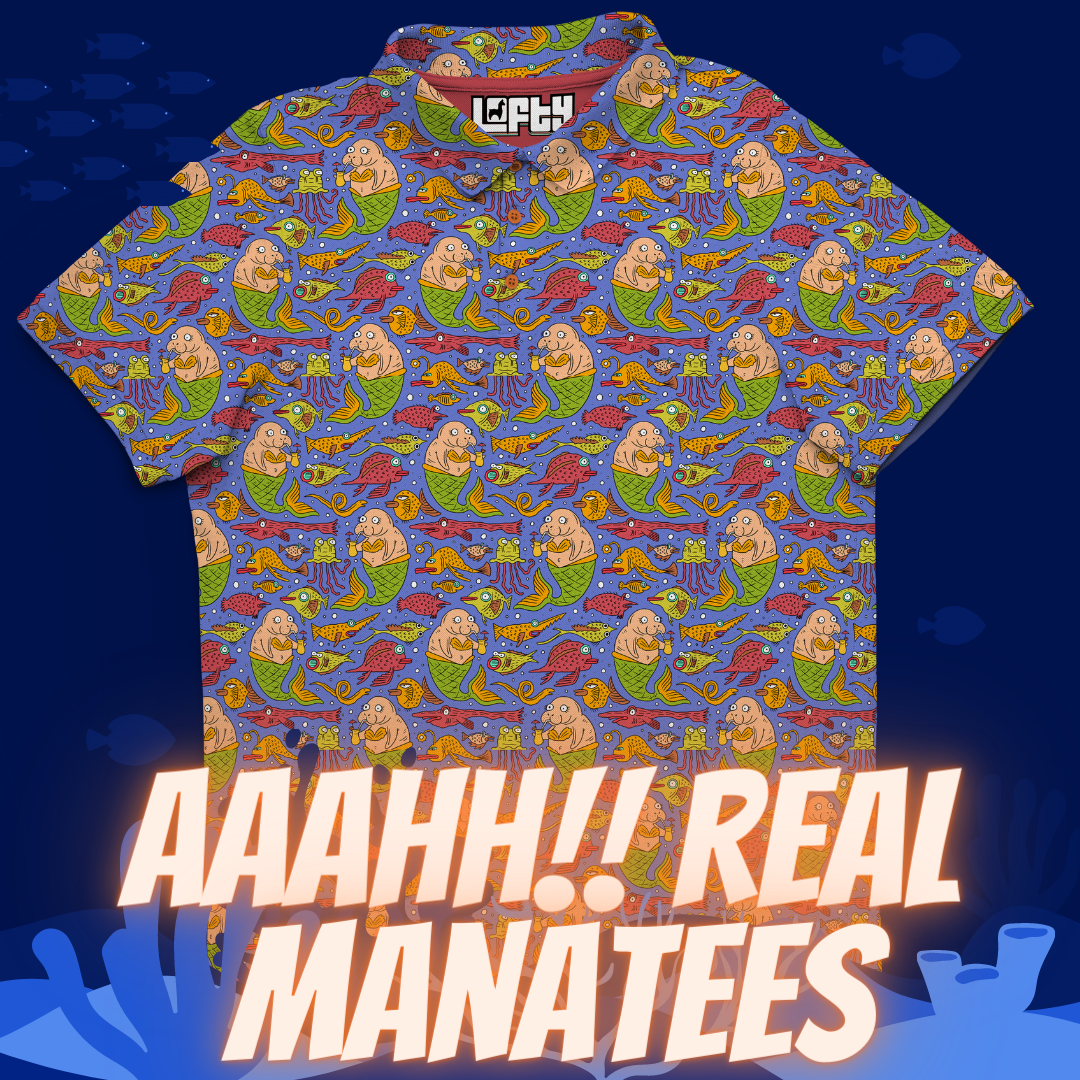 Men's manatee-themed golf polo shirt with aquatic design
