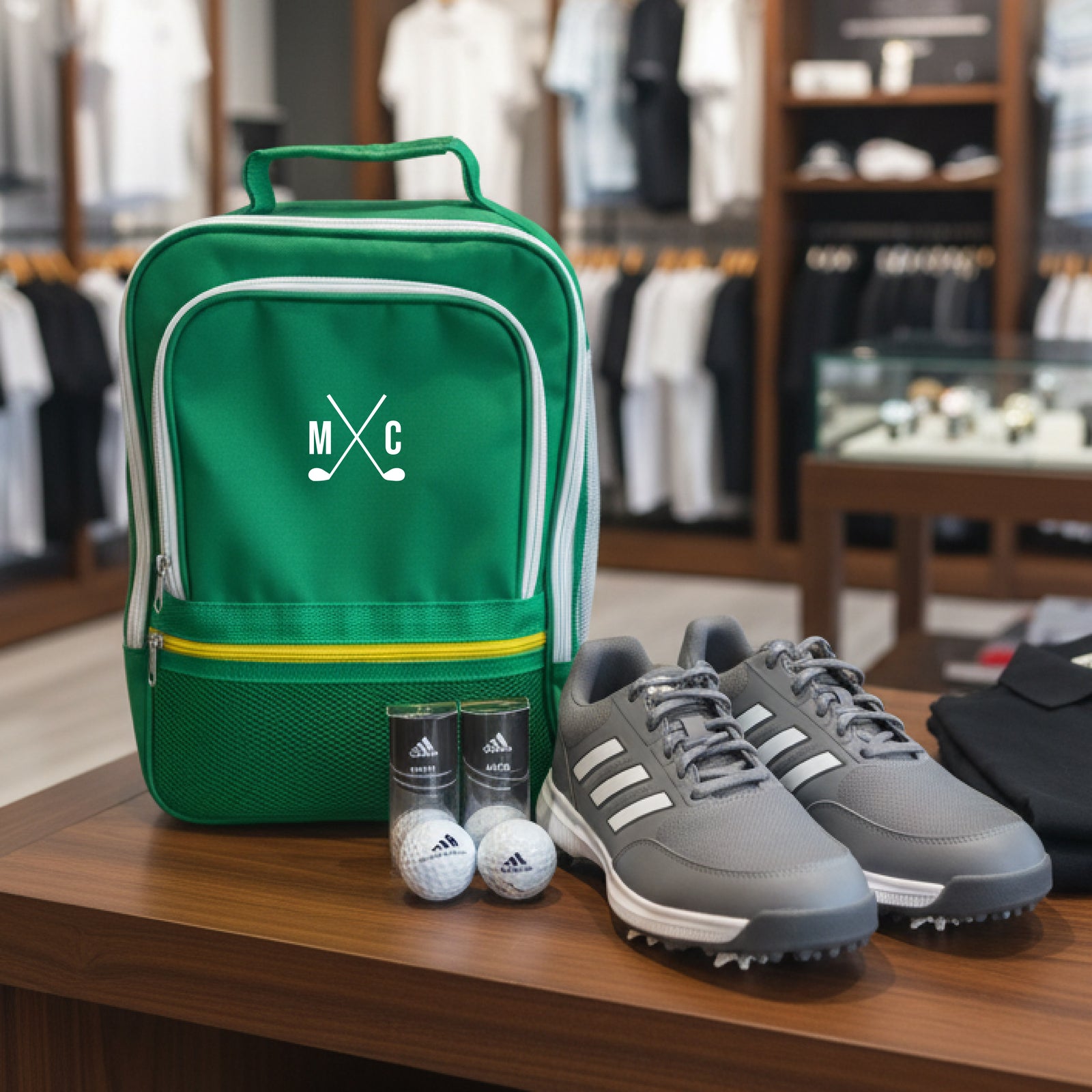 Green golf shoe bag with sample initials "MC" and crossed clubs emblem, displayed with golf shoes and balls on wooden table