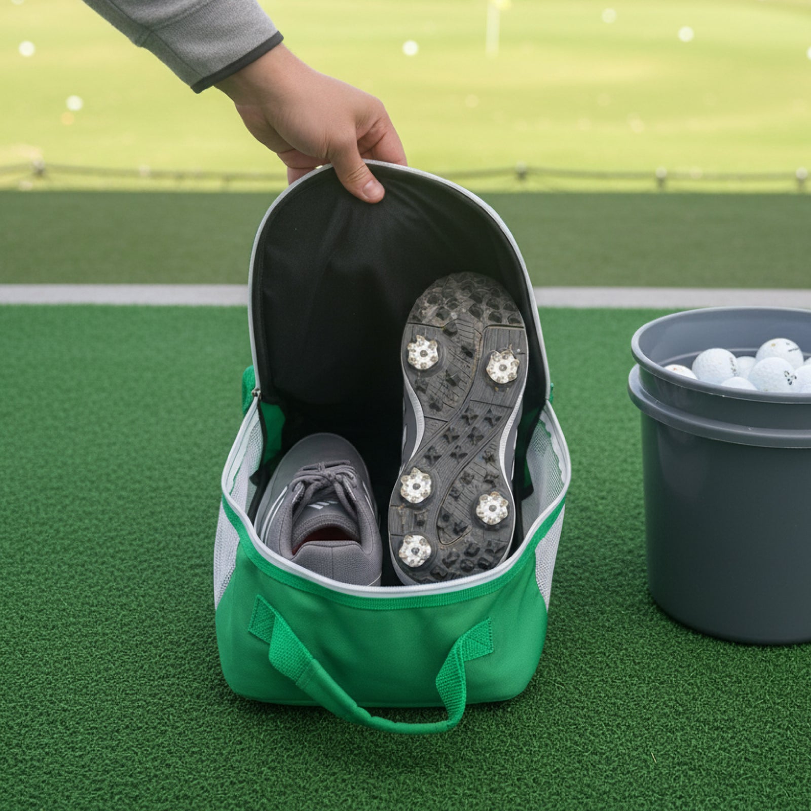 Green golf shoe bag open at the top, revealing gray golf shoe with spiked sole inside, displayed on putting green with golf balls nearby