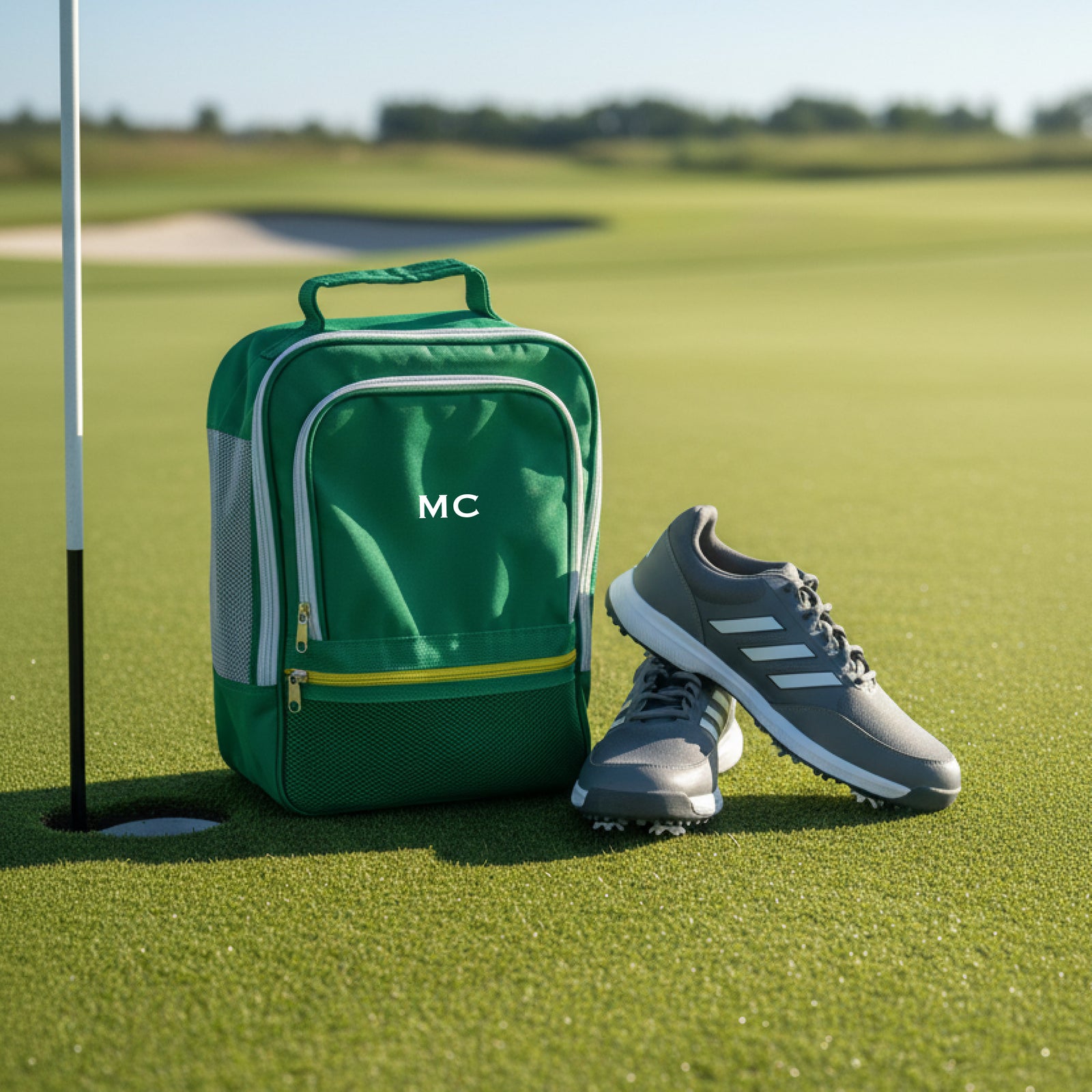 Green golf shoe bag with sample initials "MC" embroidered on front, displayed on putting green next to black and white golf shoes