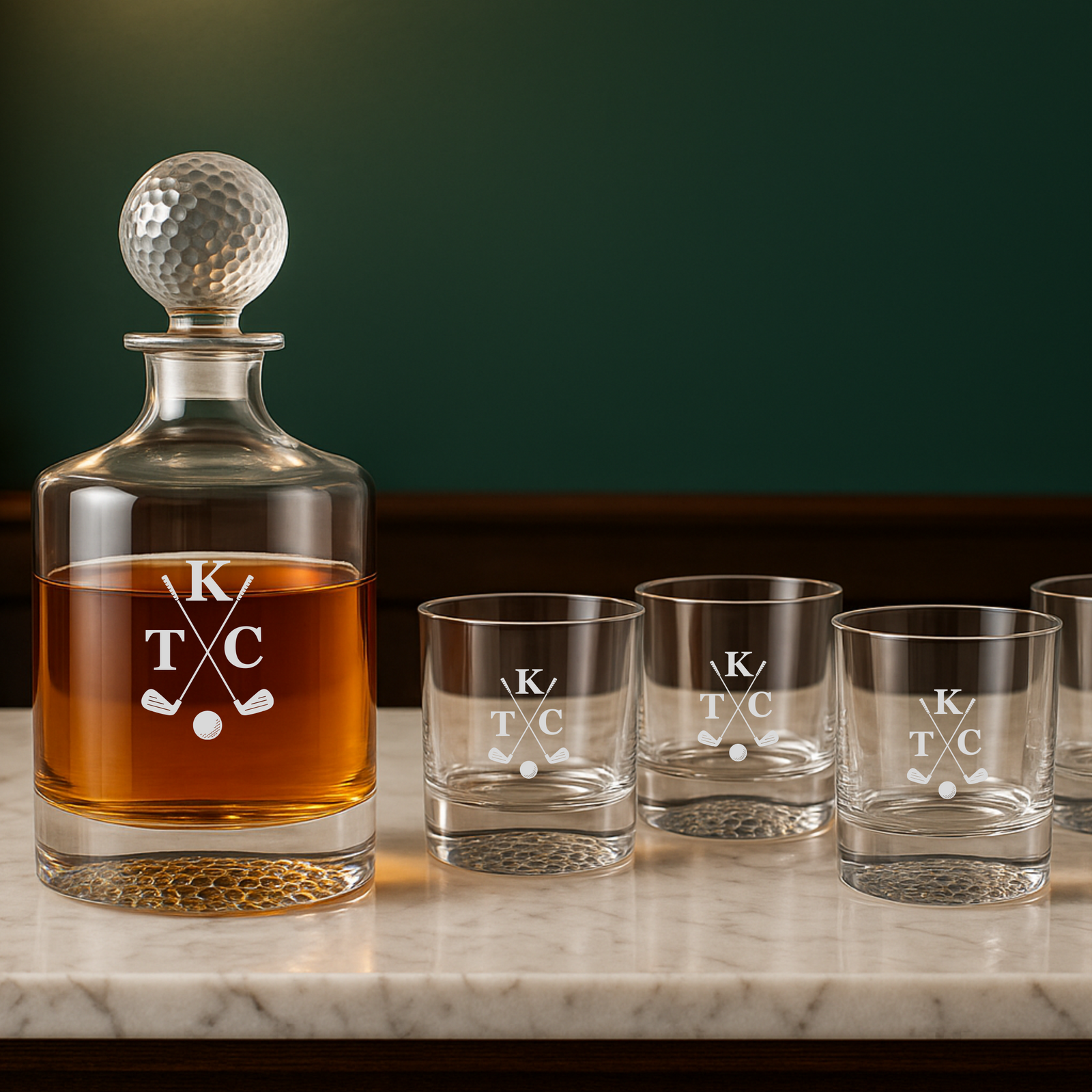 Personalized Golf Whiskey Decanter Set with Glasses and Golf Ball Stopper