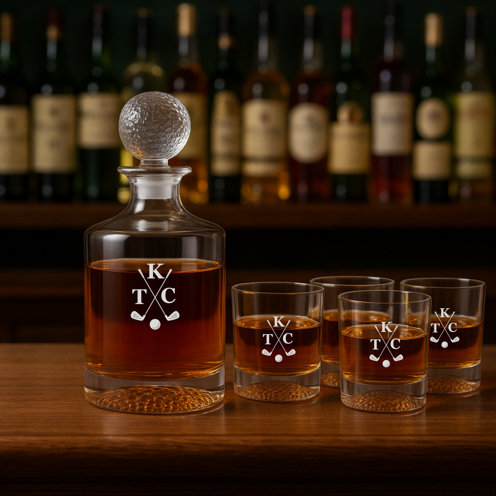 Personalized Golf Whiskey Decanter Set with Glasses and Golf Ball Stopper
