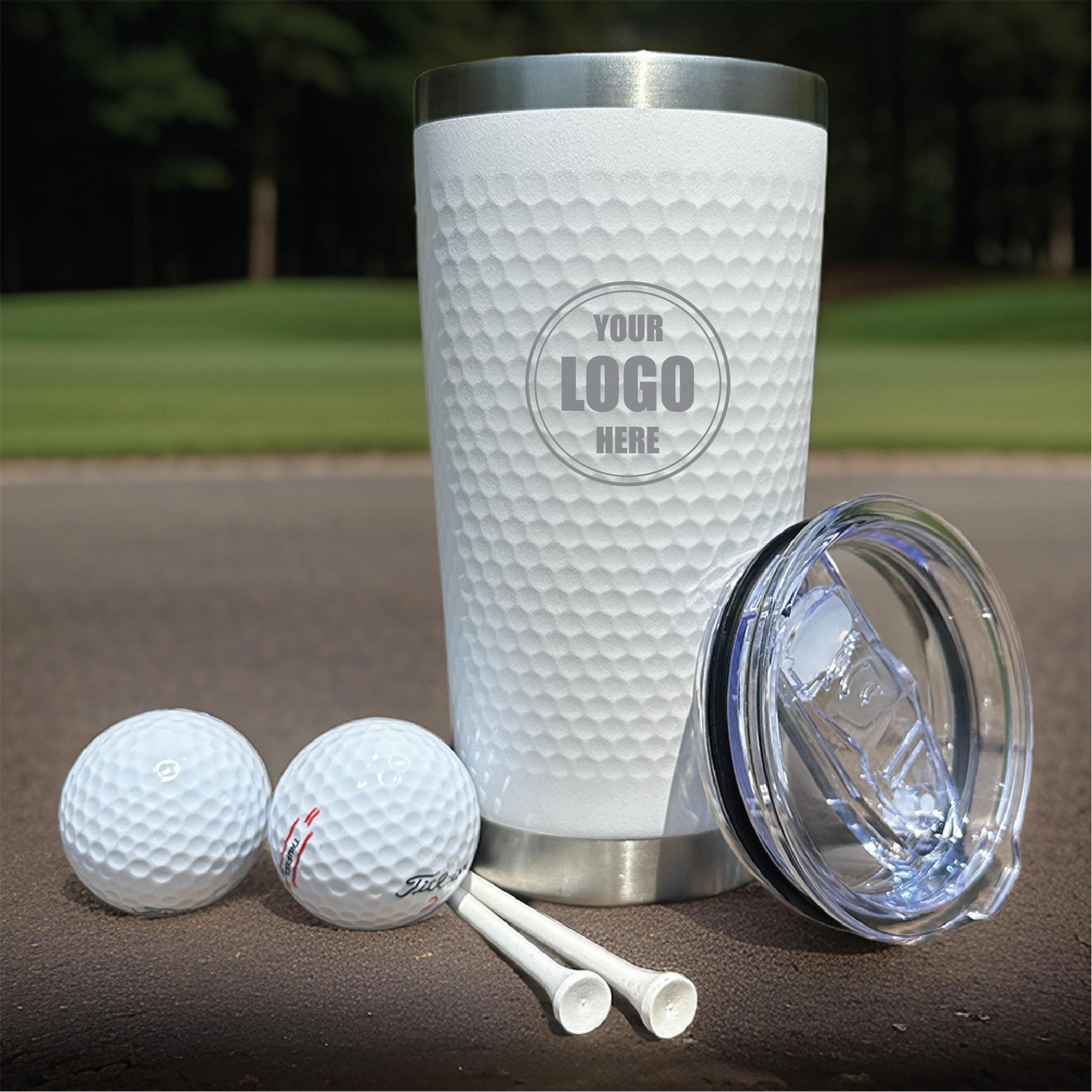 Custom golf tumbler with logo engraving and spill-proof lid