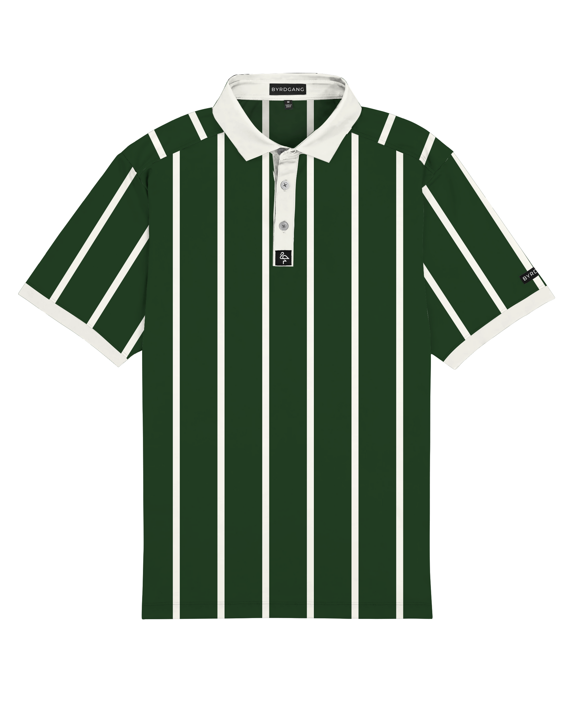 Men's green polo with retro horizontal stripes – athletic, breathable, stretch fit perfect for casual wear, golf, or travel.