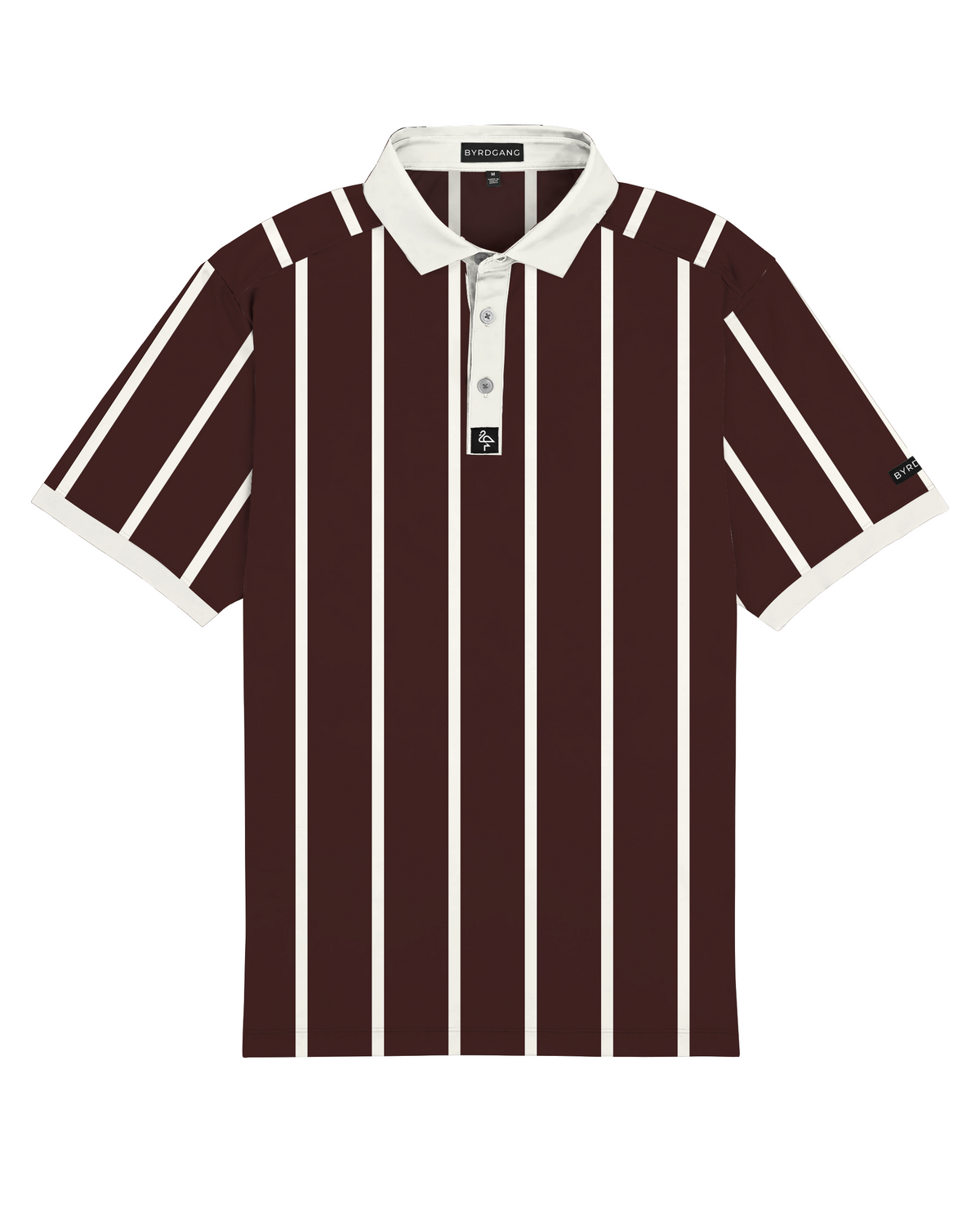 Men’s red and cream vertical stripe polo with crisp collar — varsity-inspired style with stretch, sun protection, and wrinkle resistance.