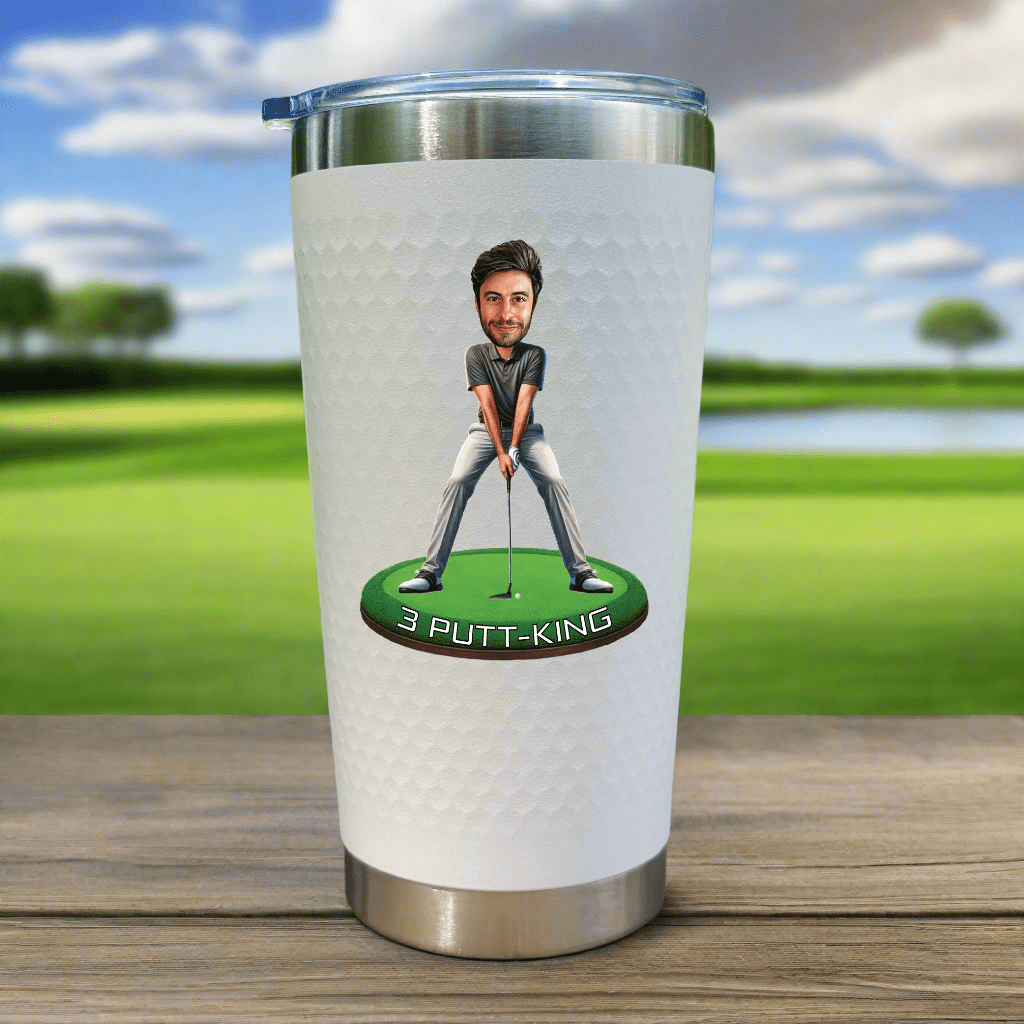 3-Putt King golf tumbler with custom caricature of bad putter