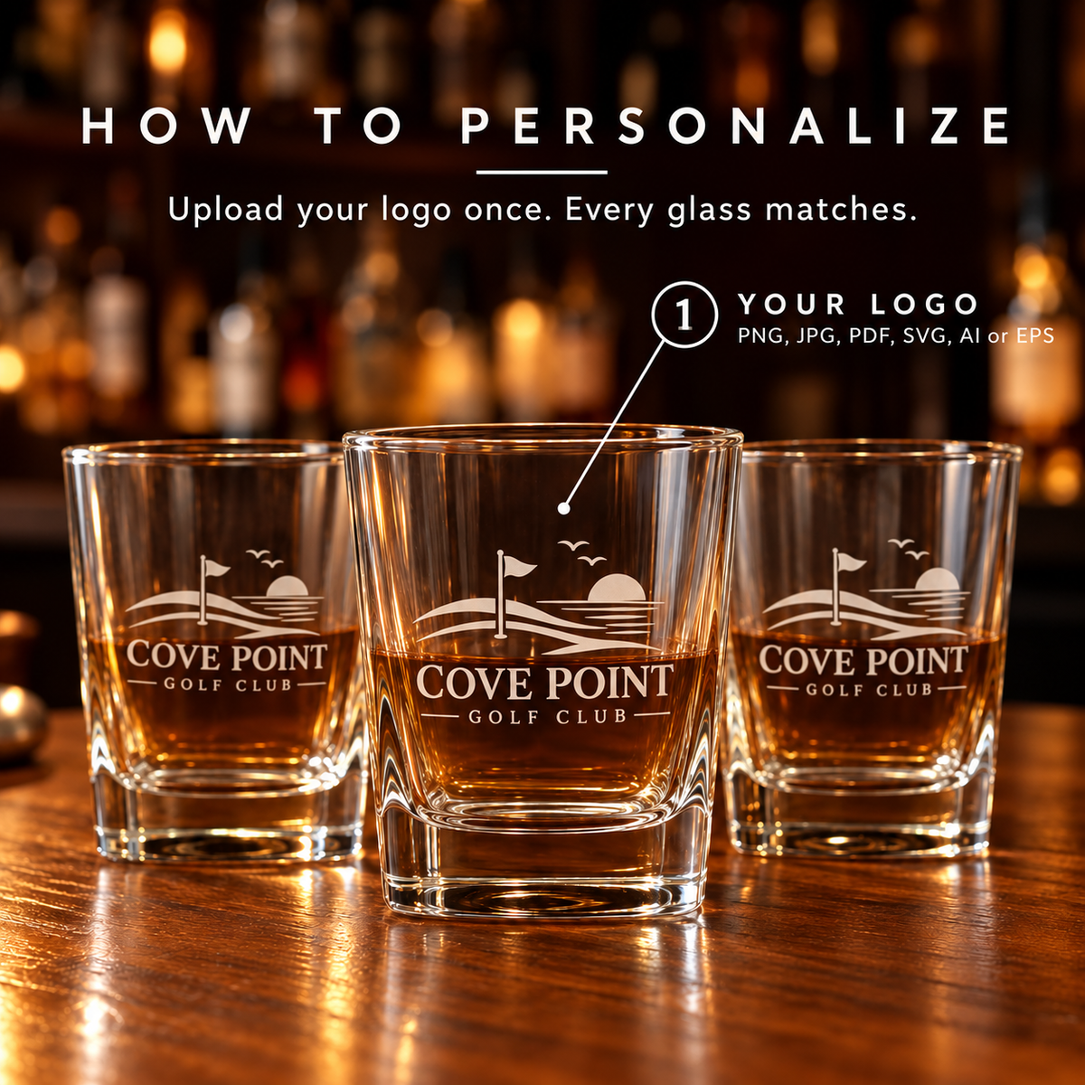 How to personalize the Swing 'n Sip custom logo whiskey glass: upload your logo once and every glass in your golf outing order is engraved to match