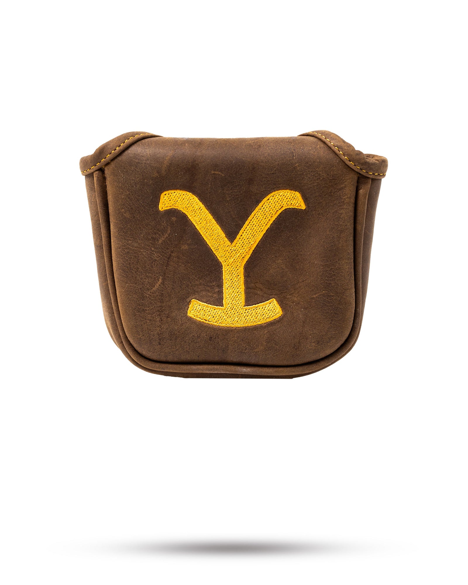 Brown Yellowstone-themed mallet putter cover with embroidered yellow “Y” logo