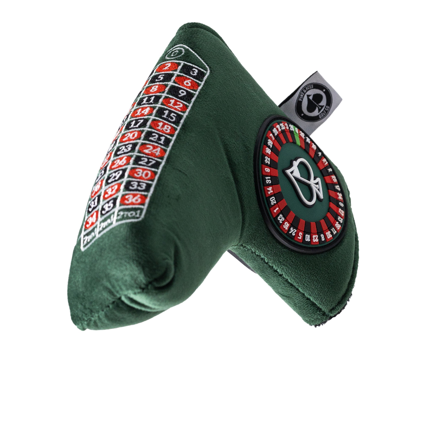 Green roulette-themed golf putter cover with embroidered casino design