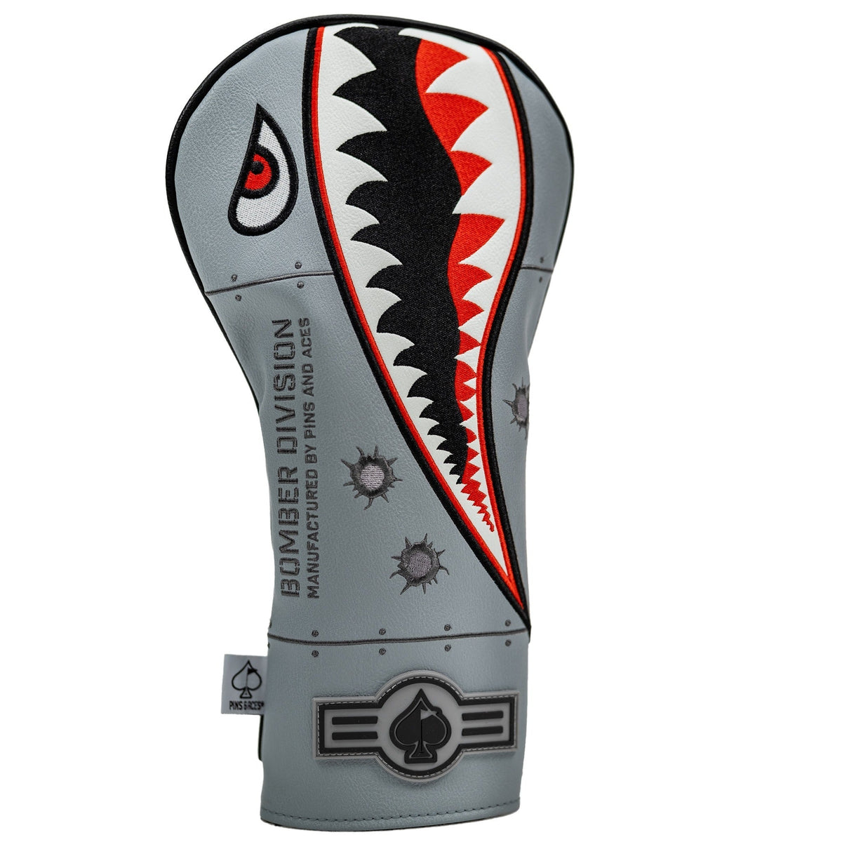 Bomber-style driver headcover with shark teeth and bullet holes