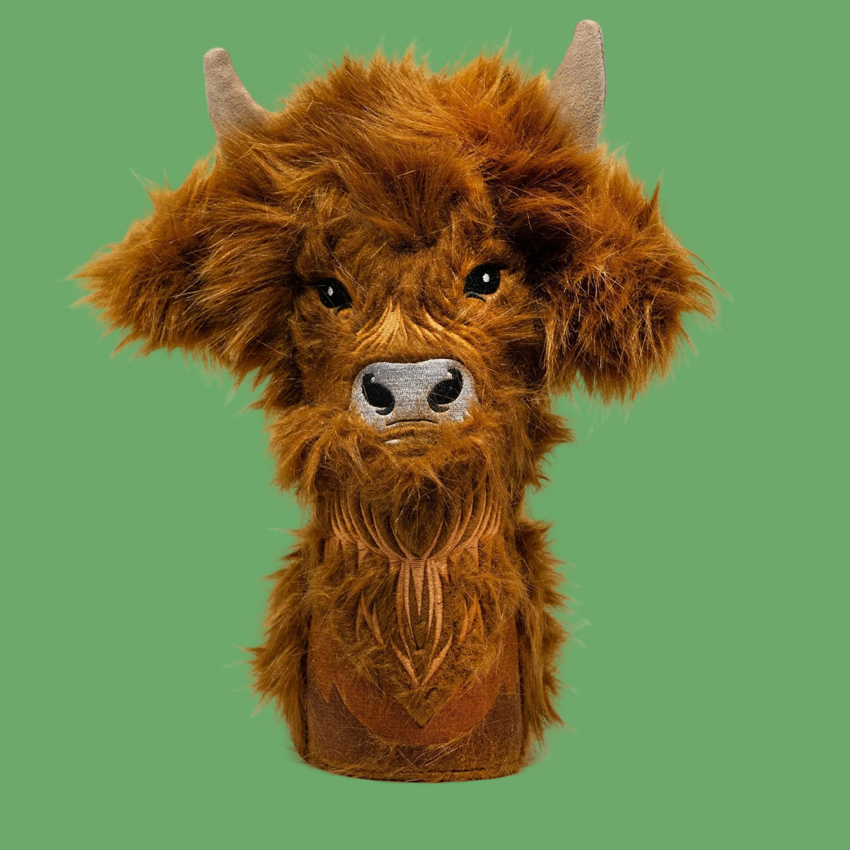 Highland Cow golf driver headcover with shaggy faux fur and embroidered details