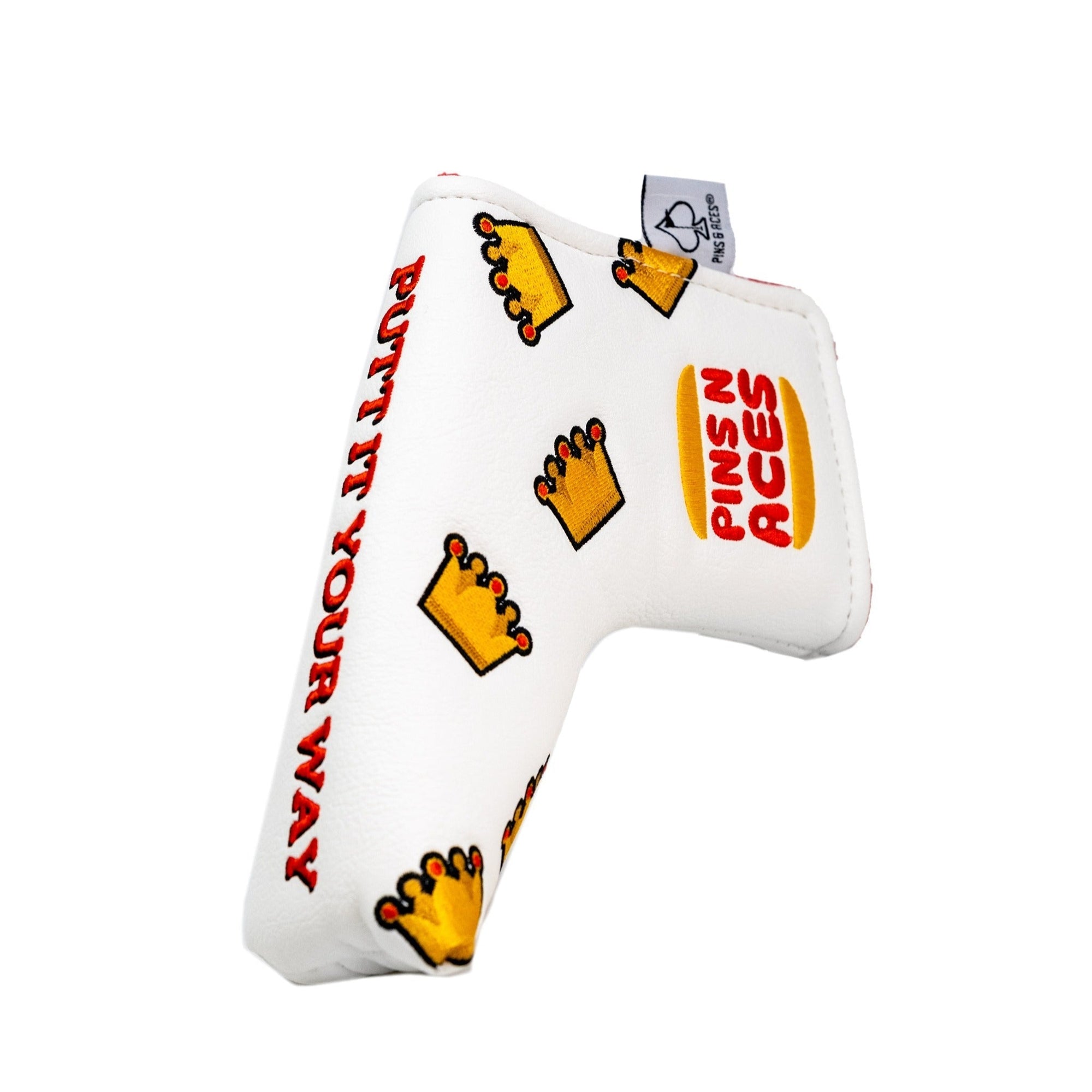 White golf putter cover with burger and crown design and “Putt It Your Way” text