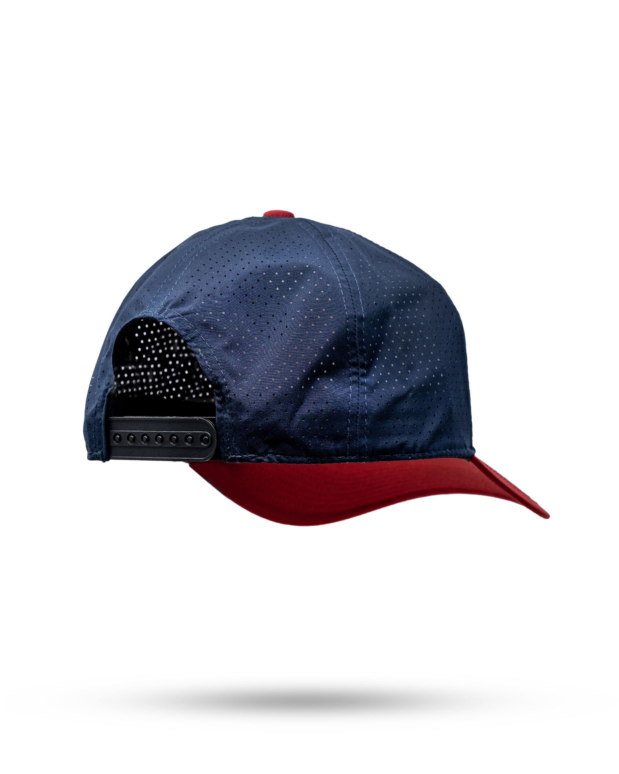 Navy and red golf hat with magnetic ball marker holder and spade logo