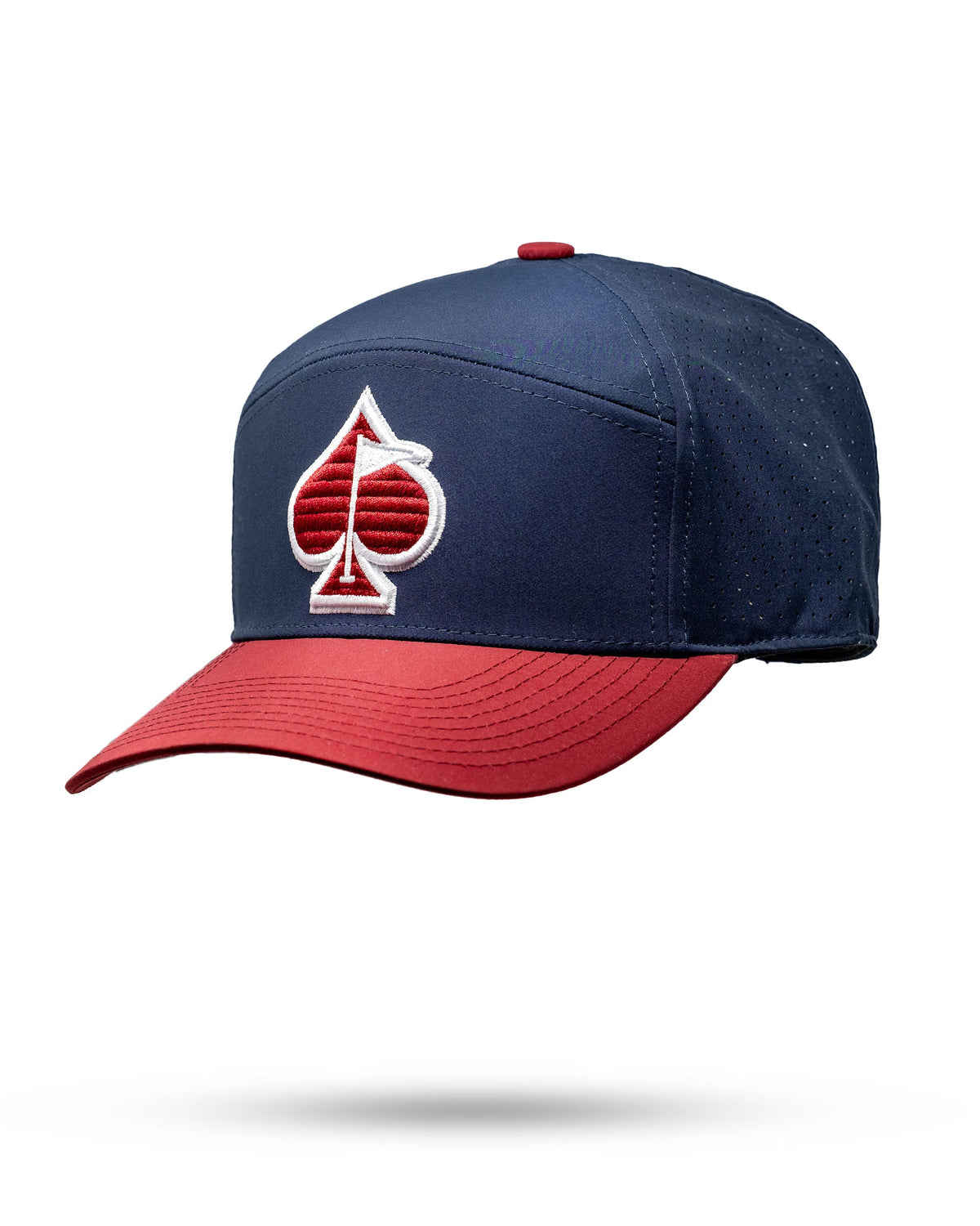 Navy and red golf hat with magnetic ball marker holder and spade logo