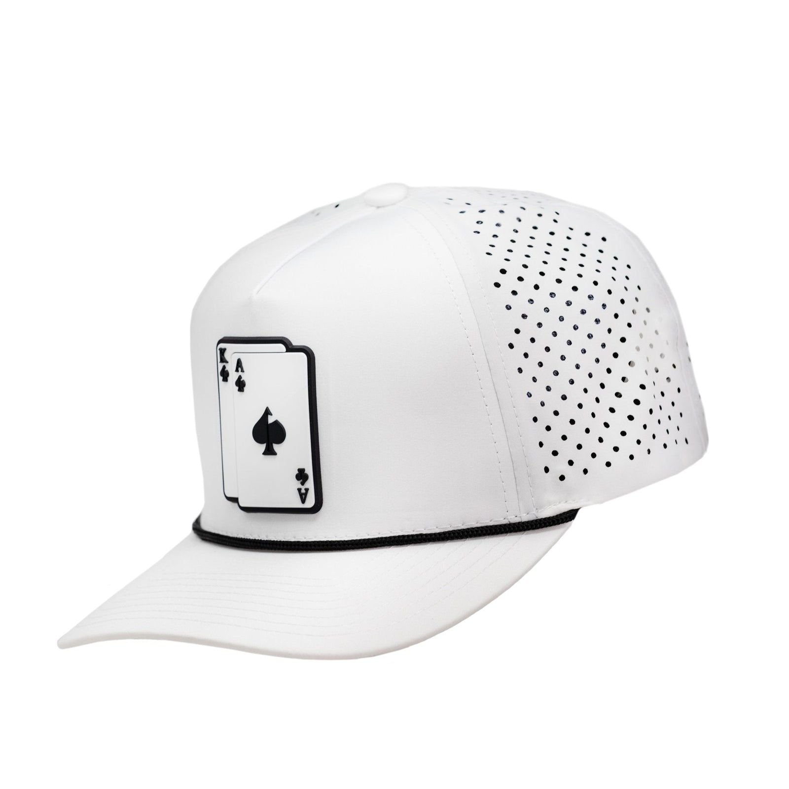white golf hat with Ace King poker card design