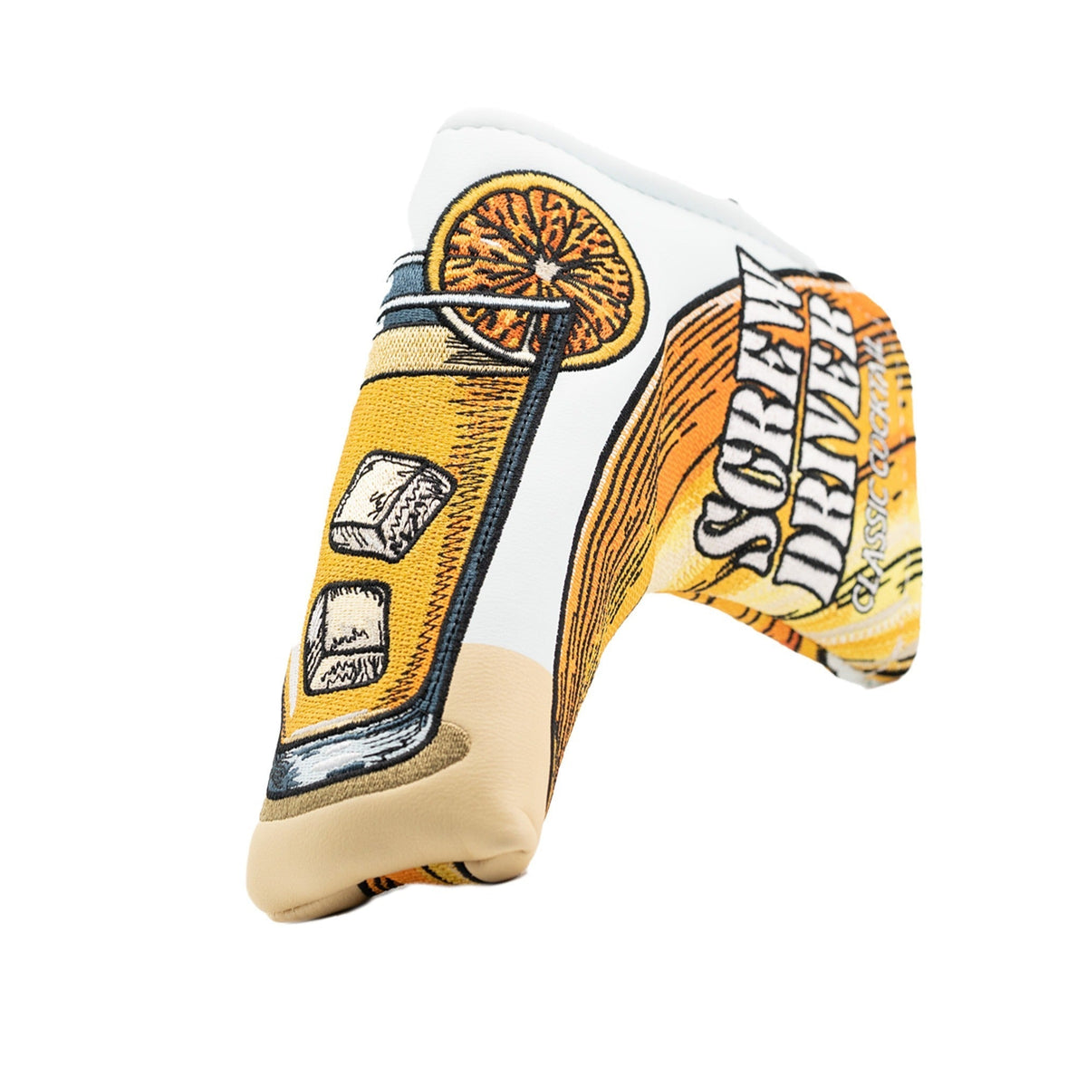 Golf putter cover with embroidered Screwdriver cocktail design and orange slice graphic