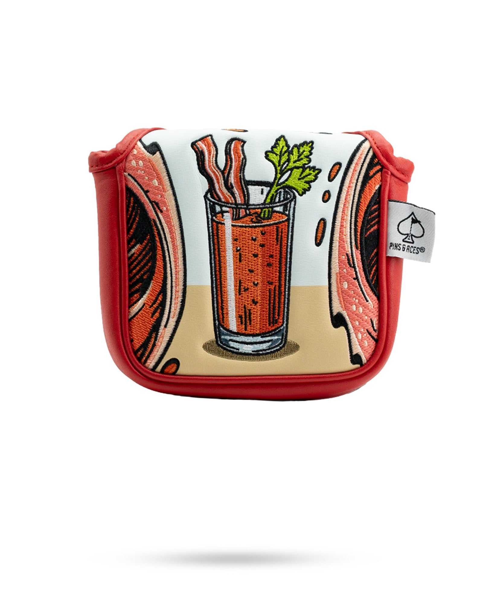 Golf mallet putter cover with embroidered Bloody Mary and bacon garnish design