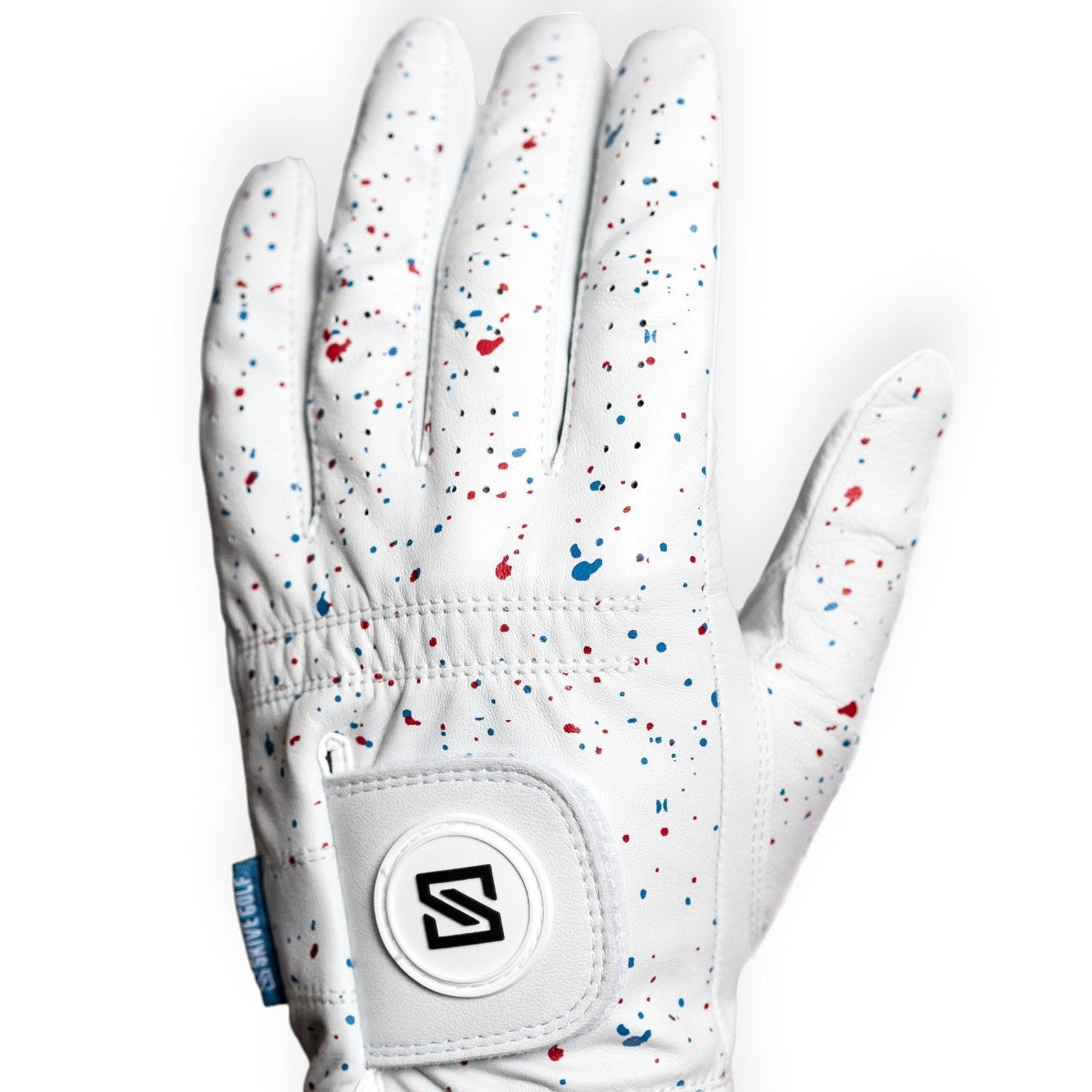fun golf glove collection with red and blue spatter