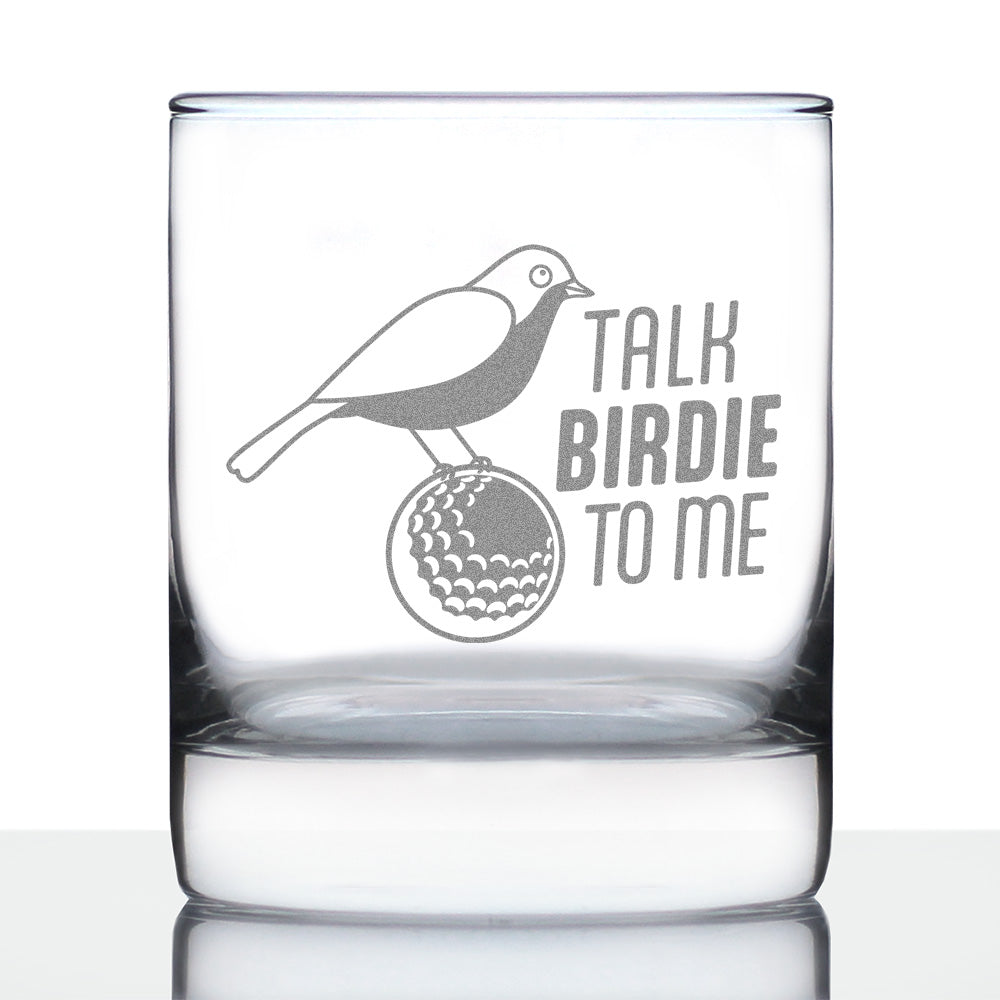 10 ¼‑oz weighted rocks glass etched with ‘Talk Birdie to Me’ golf design